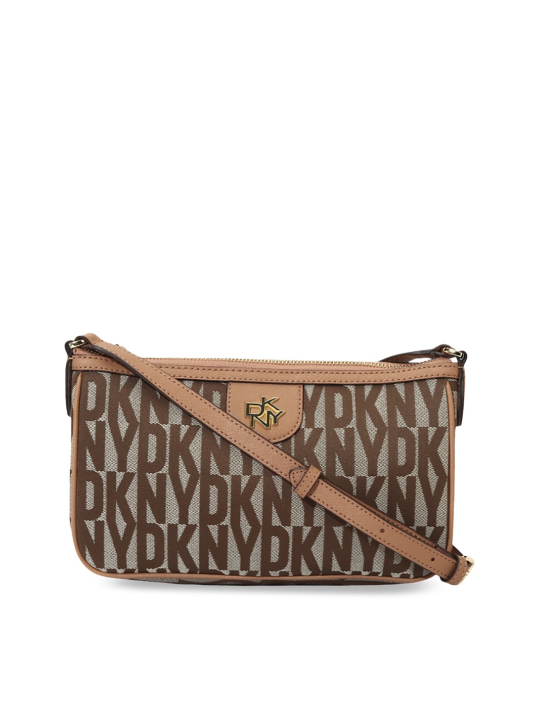 

DKNY Typography Printed Jacquard With Buckle Details Structured Sling Bag, Brown