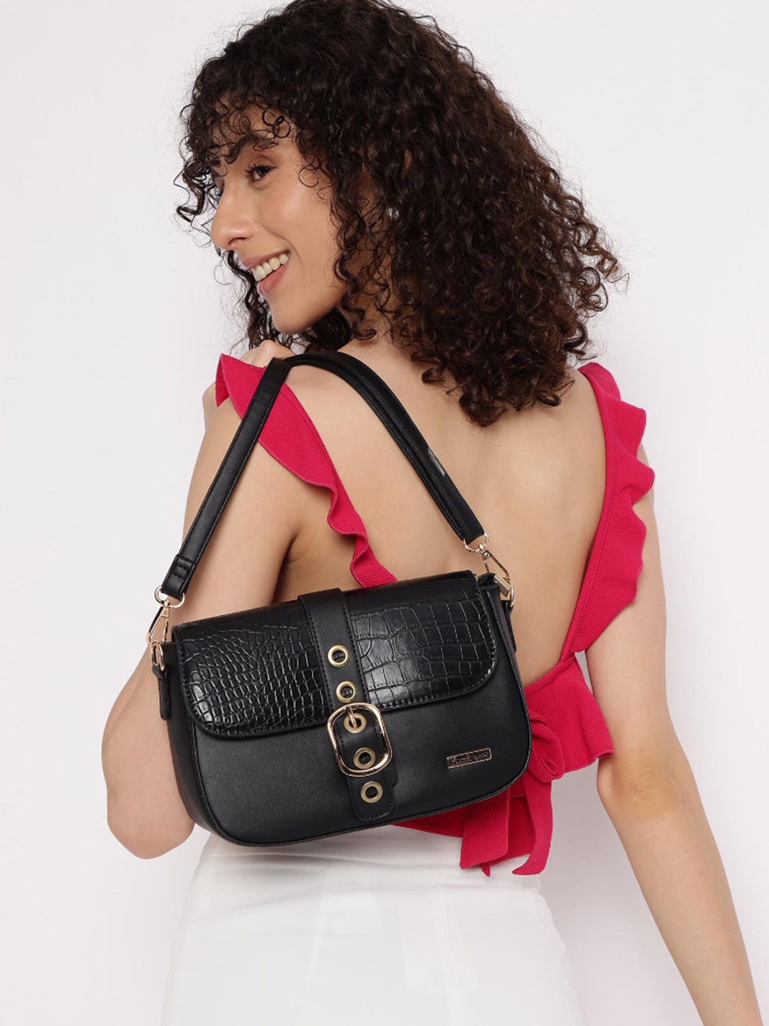 

Fastrack Women Croco Buckle Sling Bag, Black