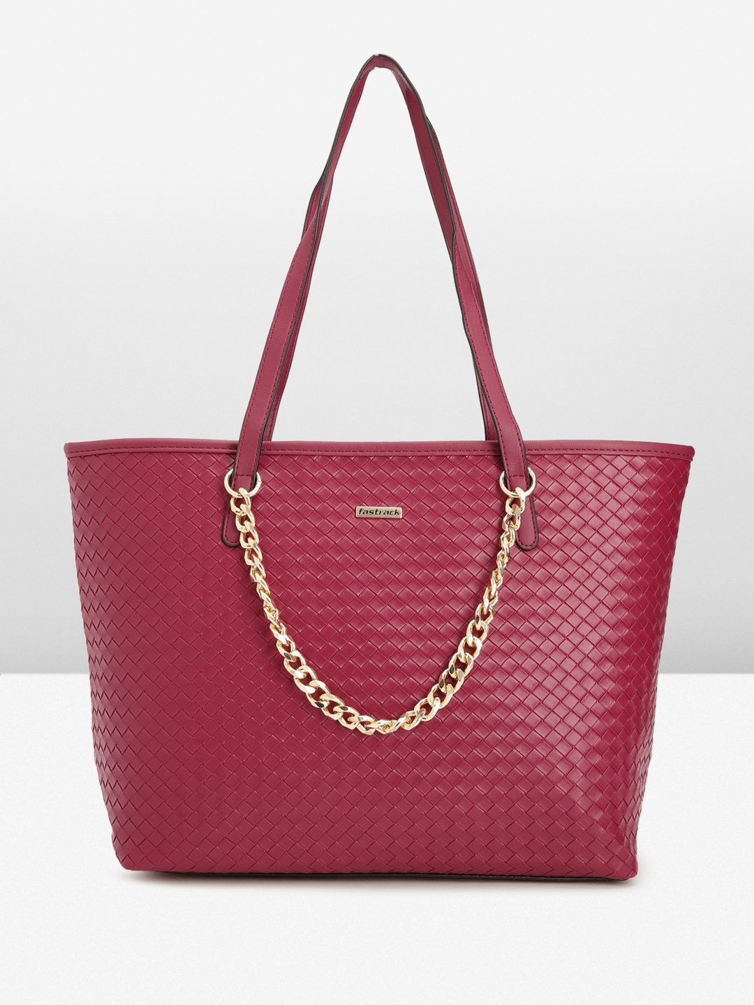 

Fastrack Textured Oversized Structured Tote Bag with a Unique Gold Metal Chain Accent, Red