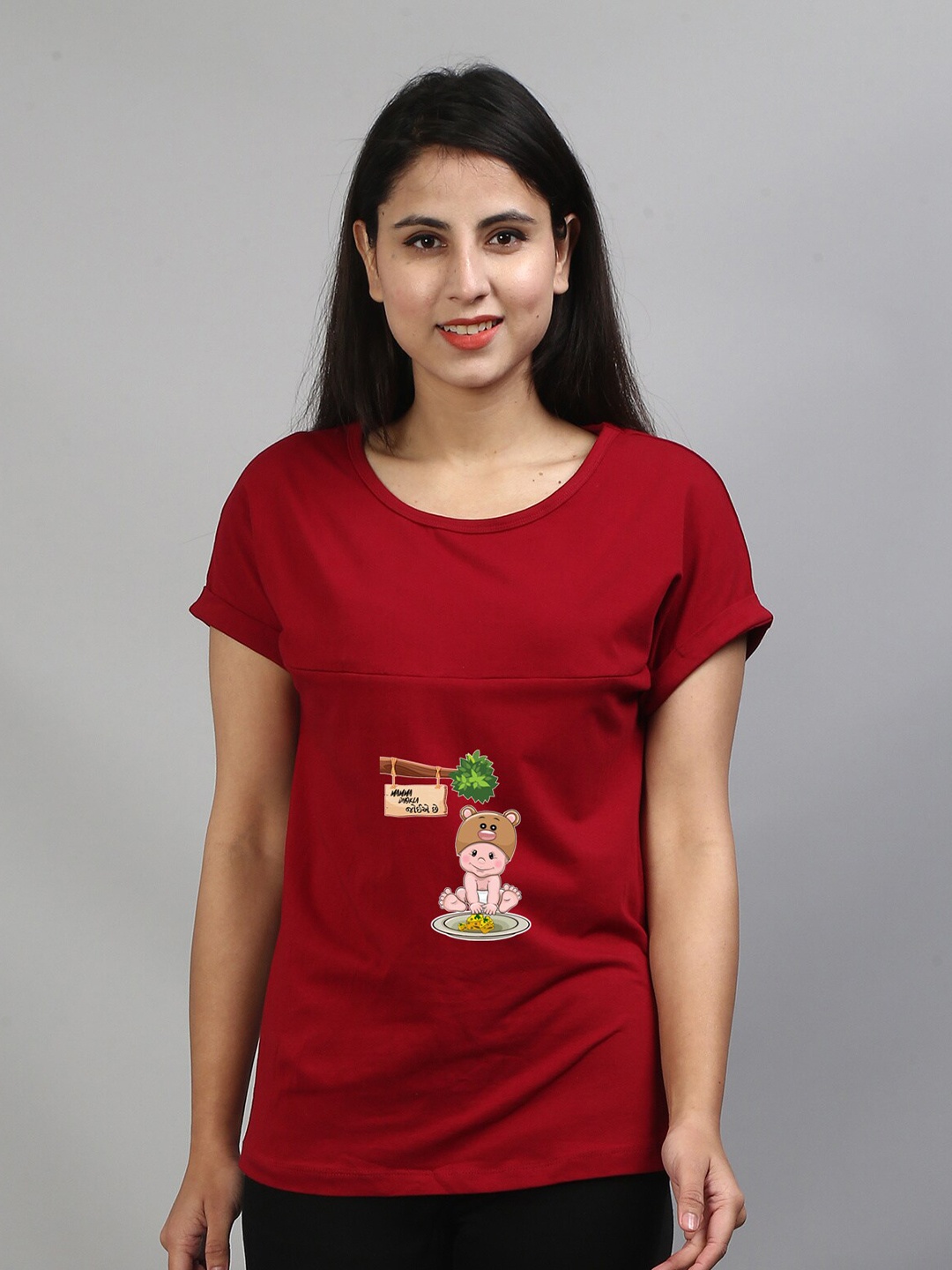 

SillyBoom Graphic Printed Extended Sleeves Maternity T-shirt, Maroon