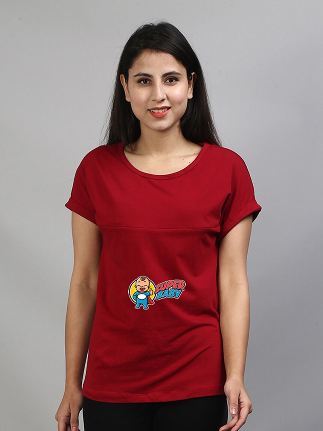 

SillyBoom Graphic Printed Extended Sleeves Maternity T-shirt, Maroon