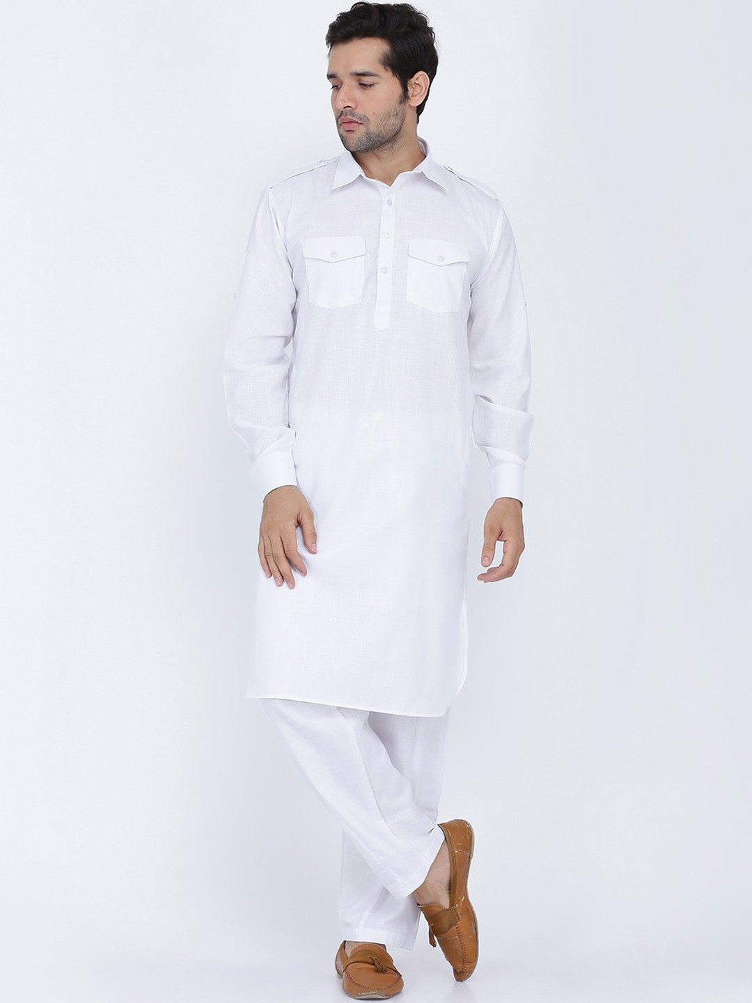 

ROYAL KURTA Shirt Collar Long Sleeve Pathani Pure Cotton Kurta Set, White