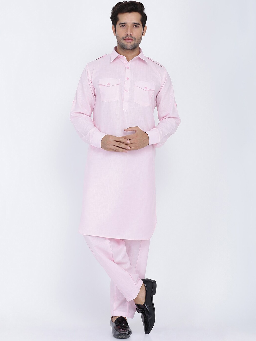 

ROYAL KURTA Shirt Collar Long Sleeves Pathani Pure Cotton Kurta With Patiala, Pink