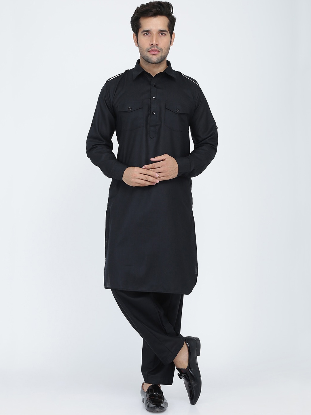 

ROYAL KURTA Shirt Collar Pathani Kurta, Black