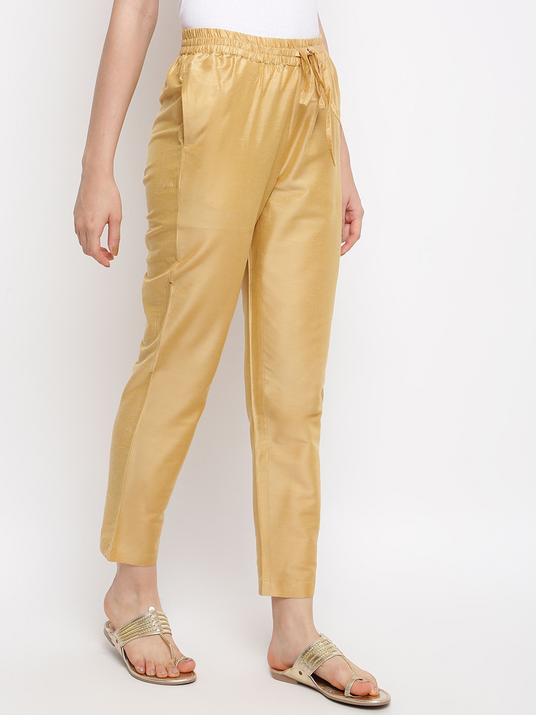 

IMARA Women Mid Rise Plain Straight Fit Trousers, Gold