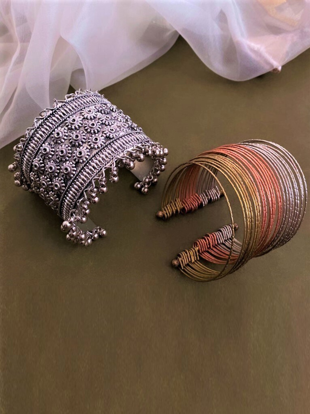 

ATIBELLE Set Of 2 Silver-Plated Ghunghroo Stone Studded Bangles