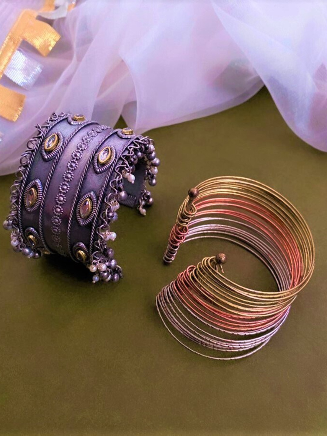 

ATIBELLE Set Of 2 Silver-Plated Kundan-Studded Bangles