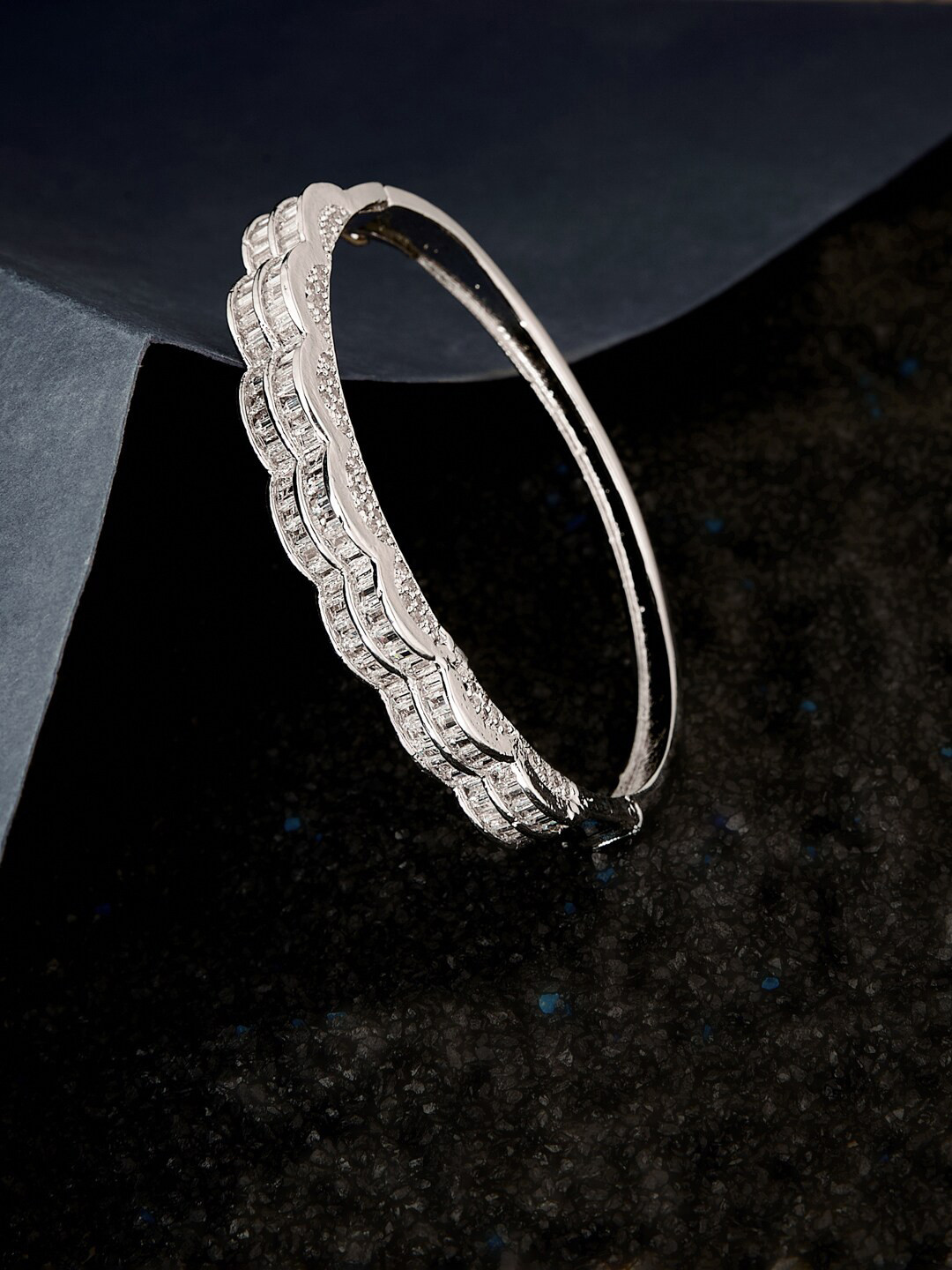 

ATIBELLE Rhodium-Plated Cubic Zirconia Studded Bangle-Style Bracelet, Silver