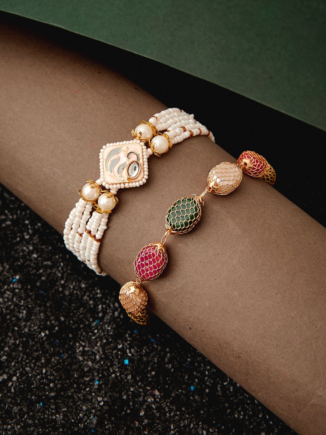 

ATIBELLE Set Of 2 Gold-Plated Beaded Link Bracelet