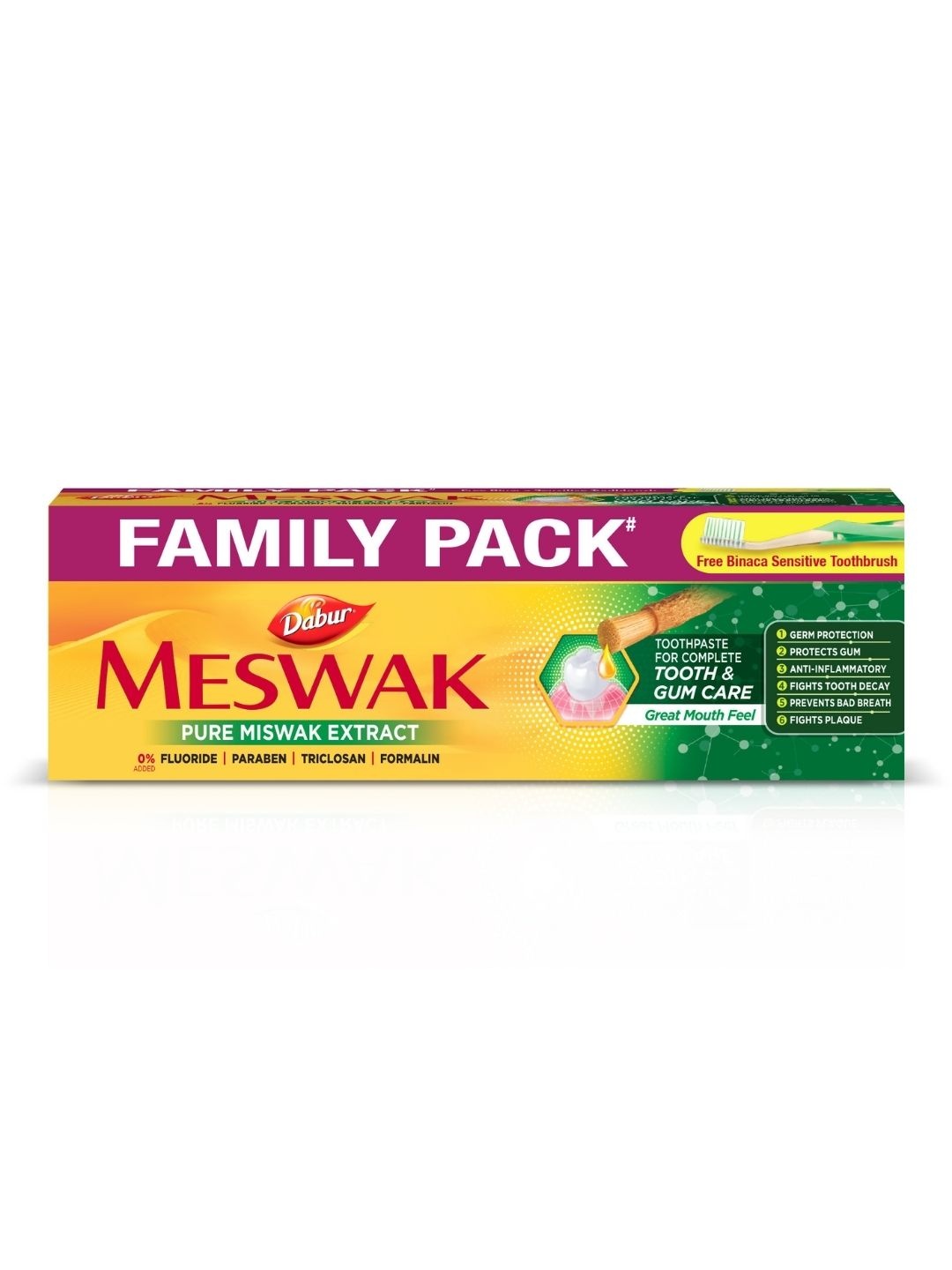 

Dabur Meswak Complete Oral Care Toothpaste Family Pack - 300g with free Bianca Toothbrush, Yellow