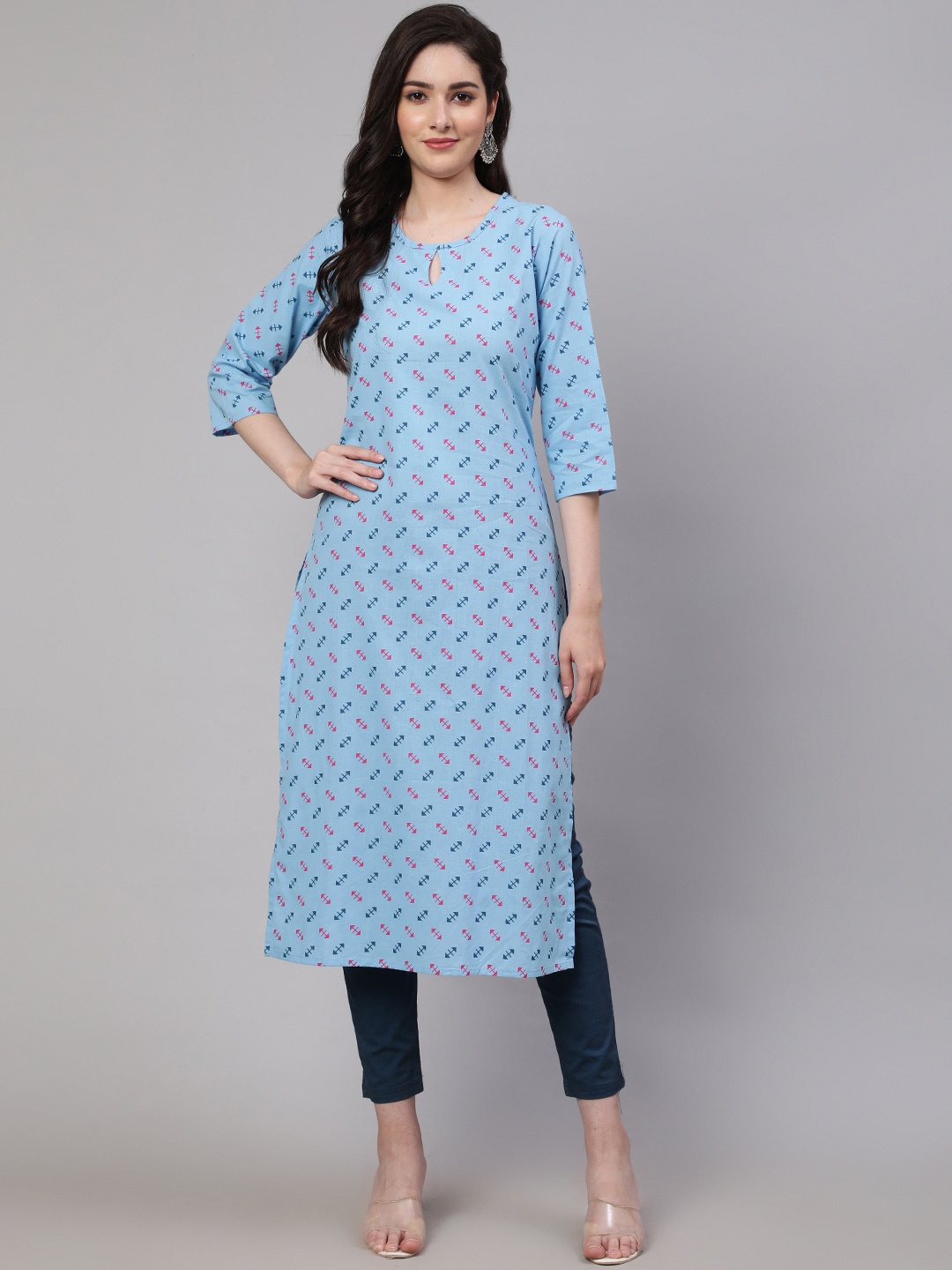 

Nayo Geometric Printed Keyhole Neck Cotton Straight Kurta, Blue