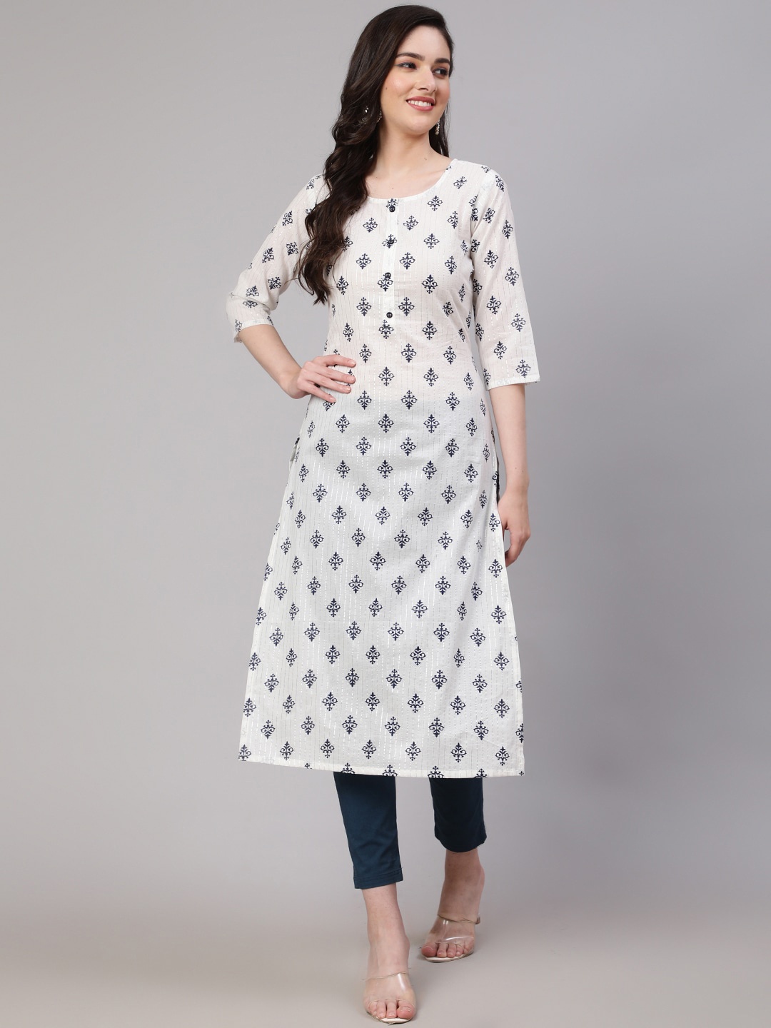 

Nayo Ethnic Motif Printed Cotton Straight Kurta, Off white