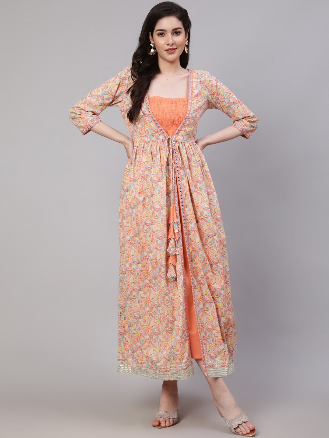 

Nayo Floral Printed Smocked Cotton Maxi Dress With Jacket, Peach
