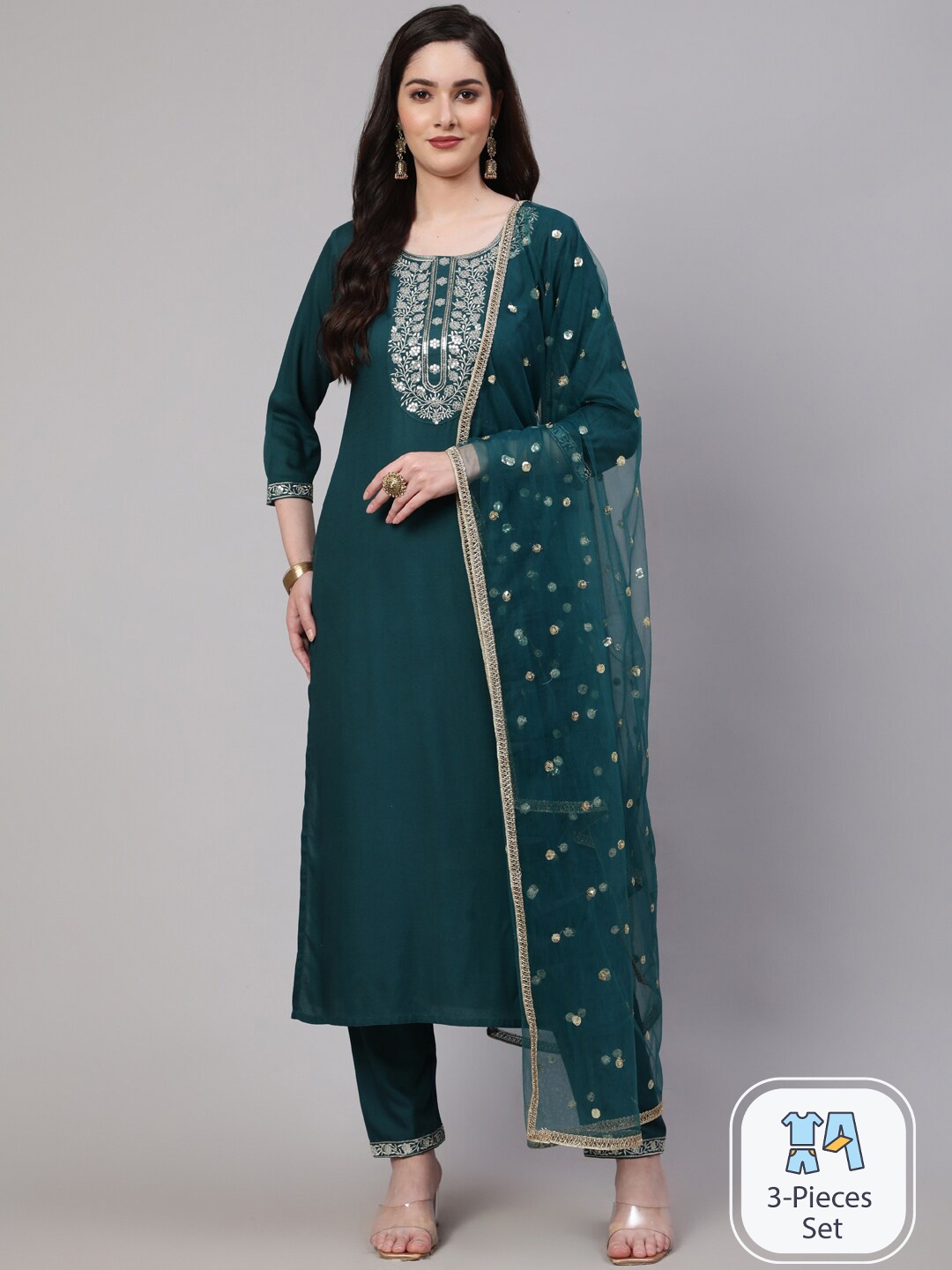 

Nayo Ethnic Motifs Yoke Design Thread Work Kurta with Trousers & With Dupatta, Green