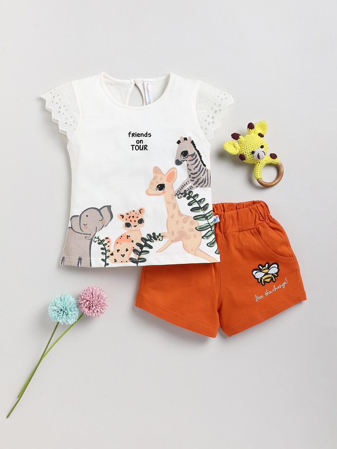 

Toonyport Girls Printed Pure Cotton Top with Shorts, White