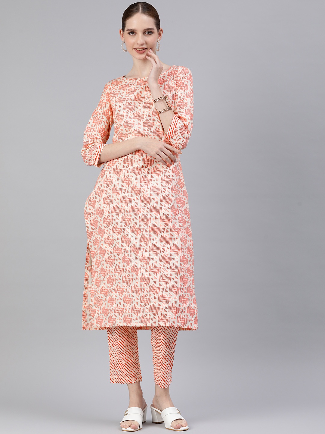 

KALINI Women Geometric Printed Regular Kurta with Trousers, Off white
