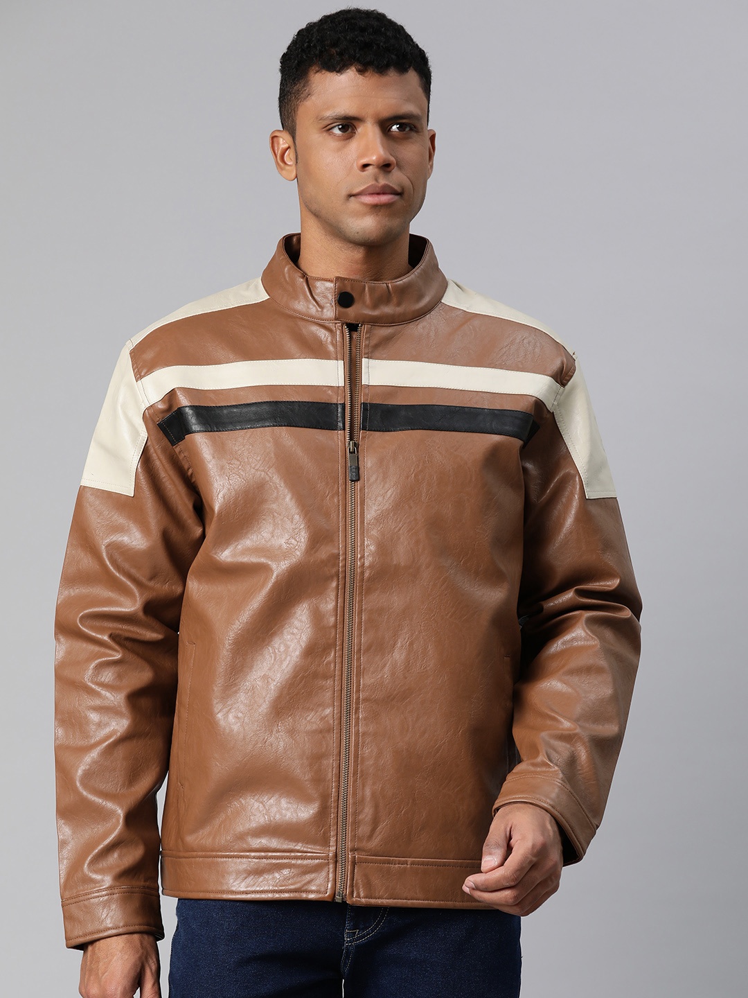 

Pierre Carlo Men Striped Leather Jacket, Tan