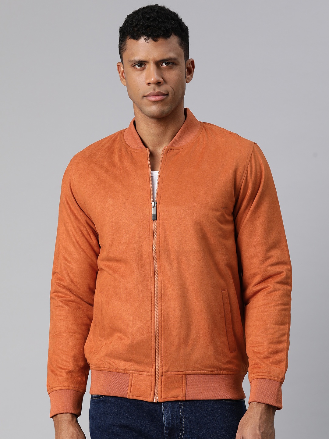 

Pierre Carlo Men Solid Suede Bomber Jacket, Rust