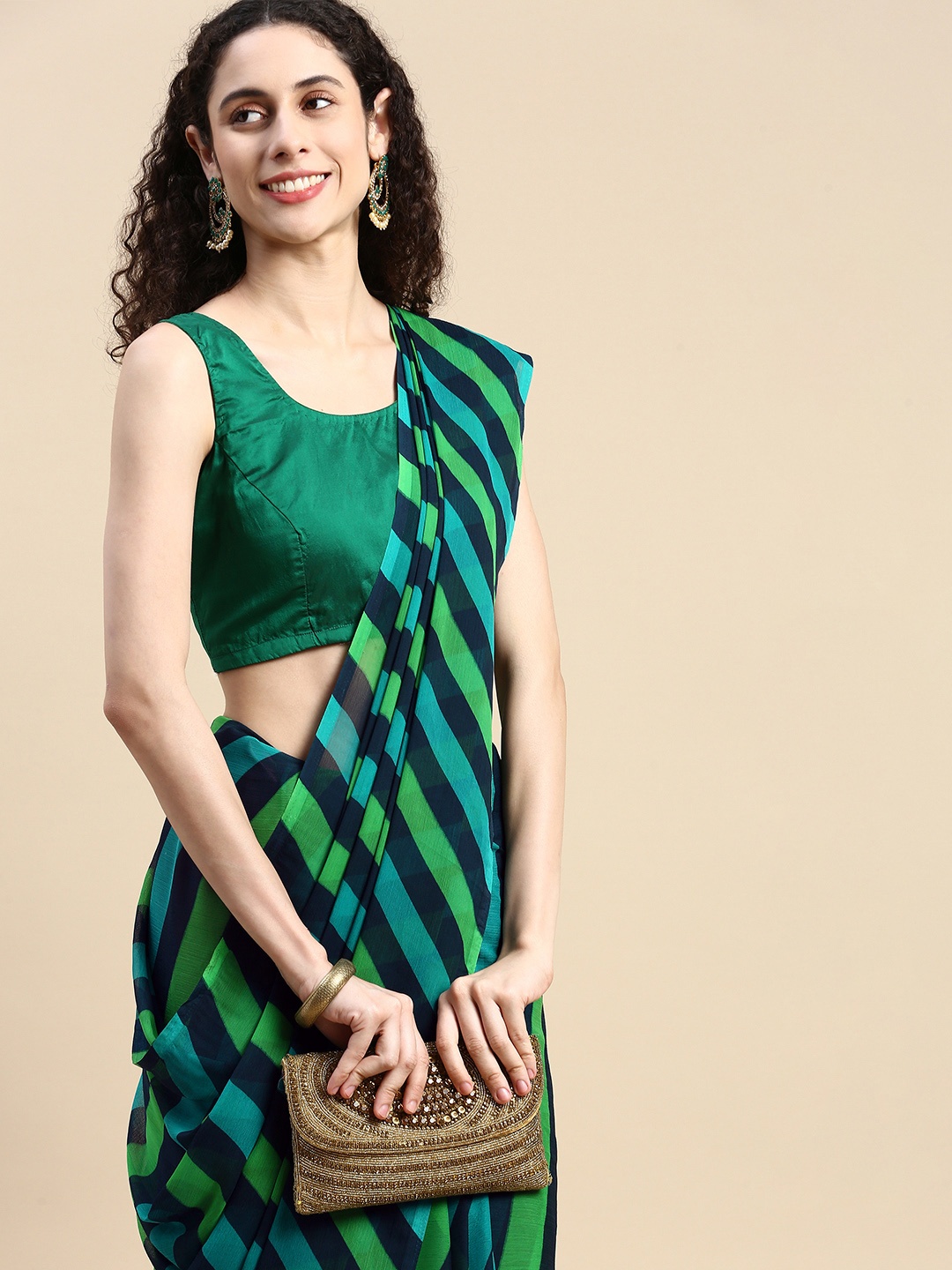 

Rani Saahiba Striped Poly Chiffon Leheriya Saree, Green
