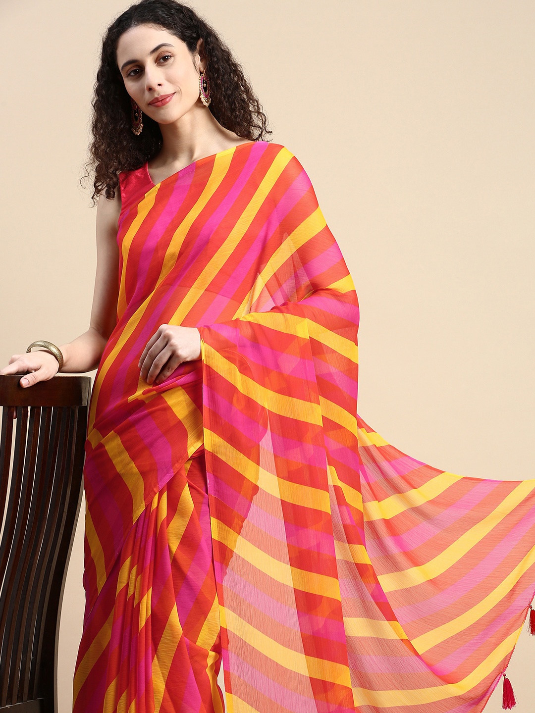 

Rani Saahiba Striped Poly Chiffon Leheriya Saree, Orange