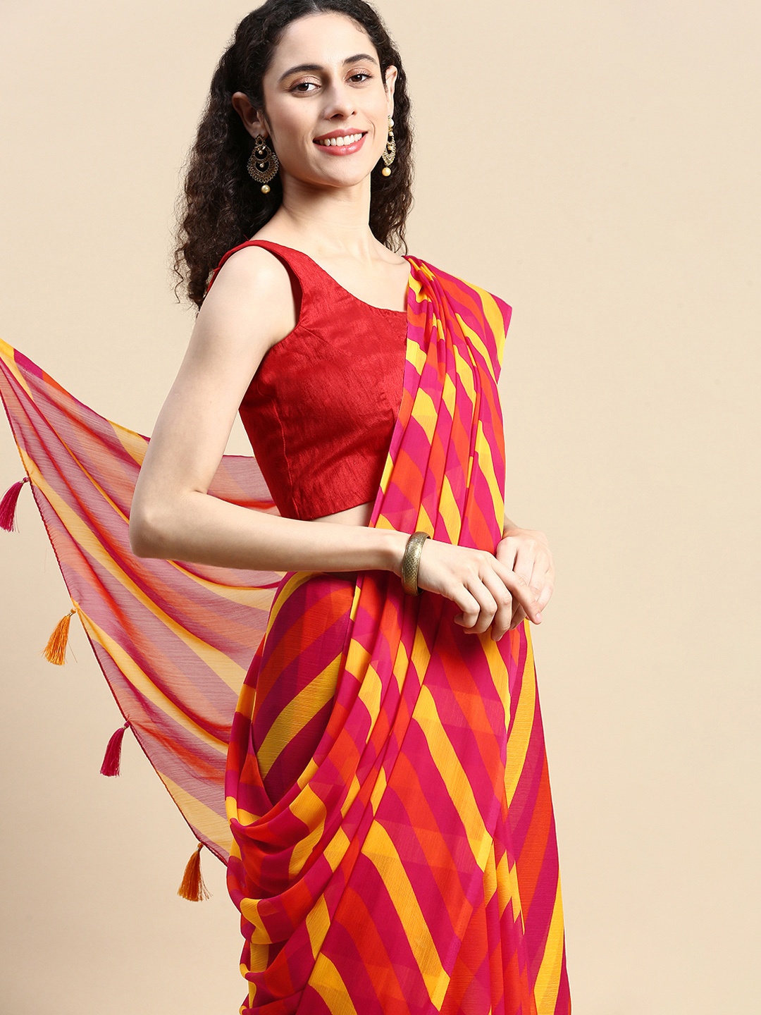 

Rani Saahiba Striped Poly Chiffon Leheriya Saree, Pink
