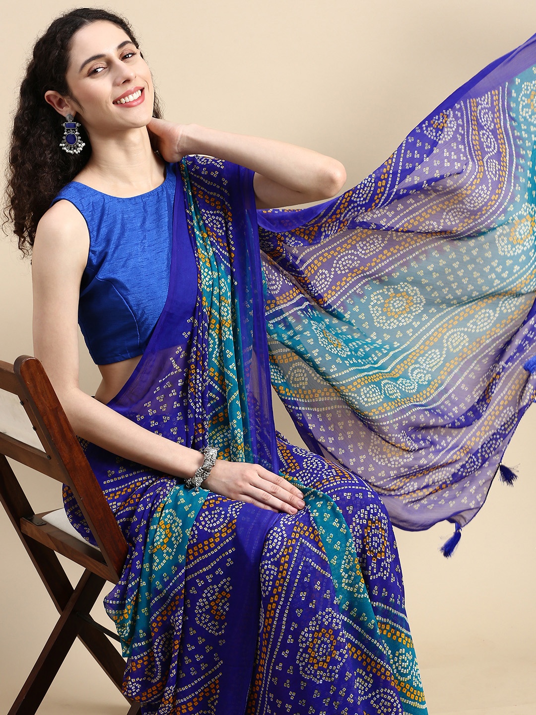 

Rani Saahiba Printed Poly Chiffon Bandhani Saree, Blue