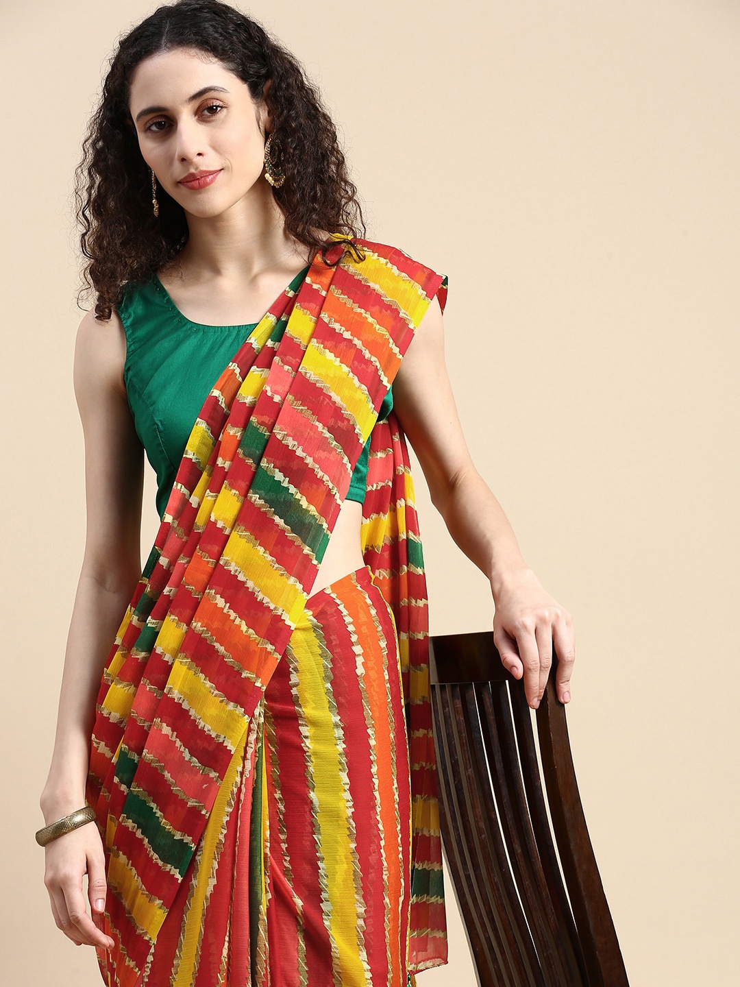 

Rani Saahiba Striped Poly Chiffon Leheriya Saree, Multi