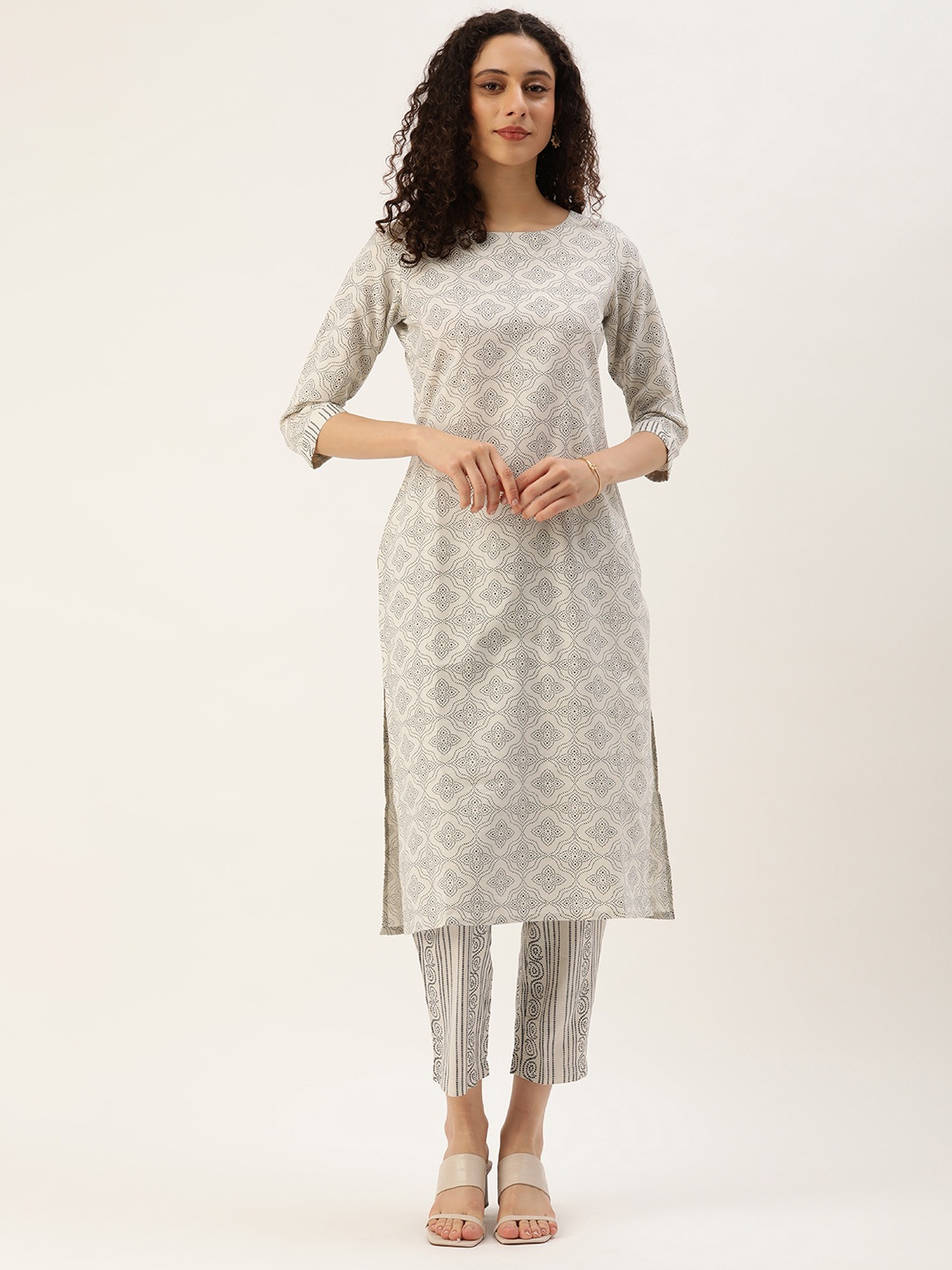 

Saanjh Women Ethnic Motifs Printed Regular Kurta with Trousers, Off white