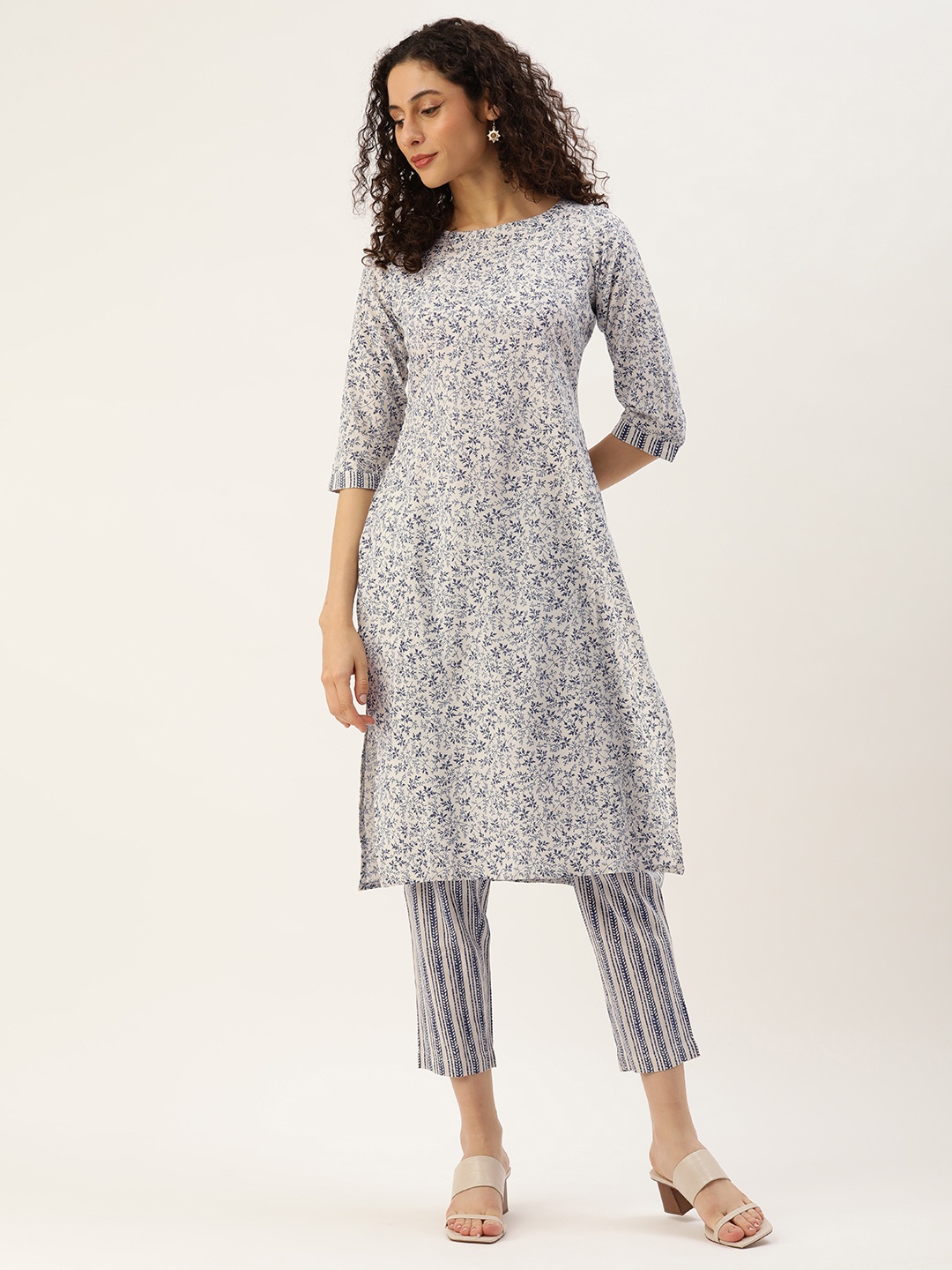 

Saanjh Women Floral Printed Regular Kurta with Trousers, Off white