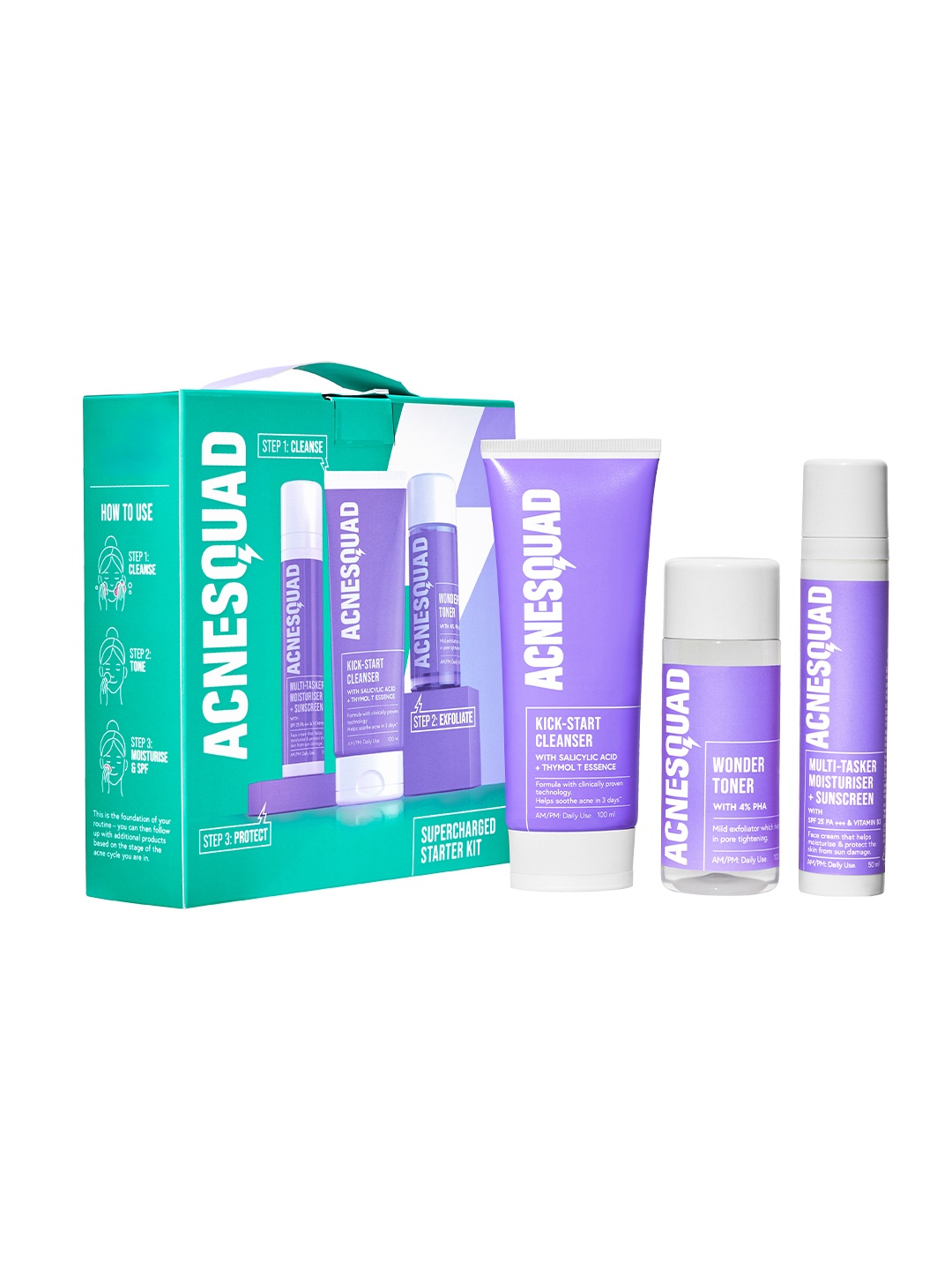 

Acne Squad Supercharged Starter Kit For Acne Prone Skin - 250ml, Purple