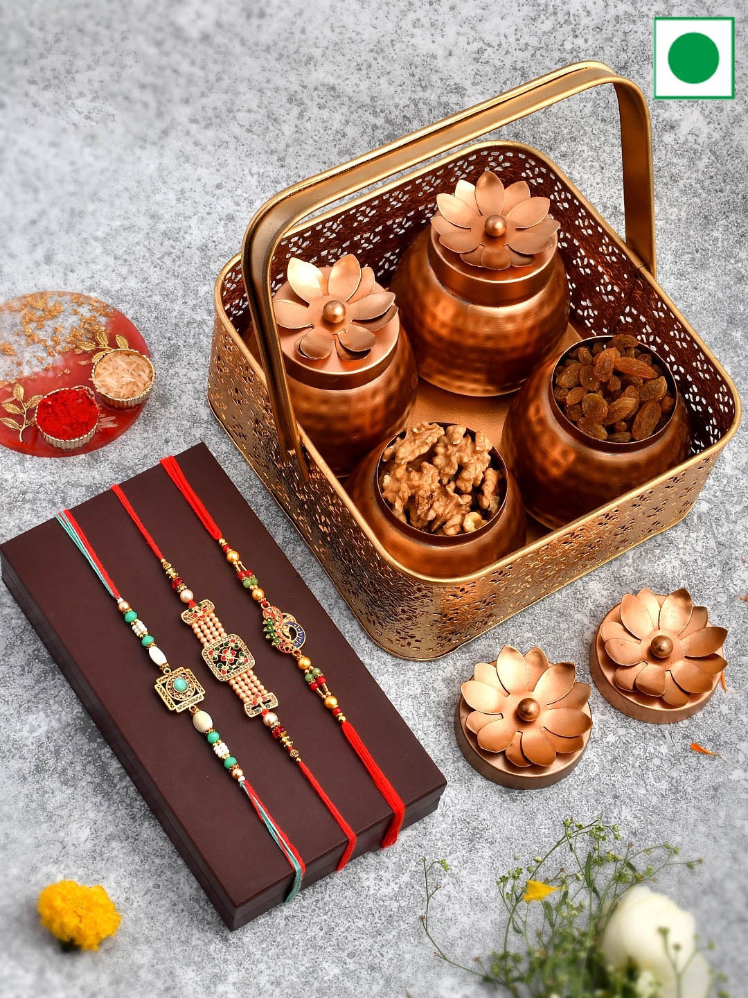 

Aapno Rajasthan Set Of 3 Rakhi With Dryfruits & Serving Set, Copper