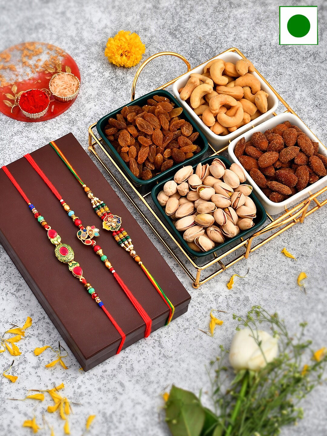 

Aapno Rajasthan Platter And Dryfruits With 3 Rakhi, Gold