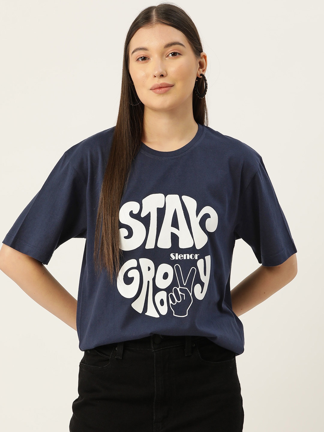 

Slenor Women Typography Printed T-shirt, Navy blue