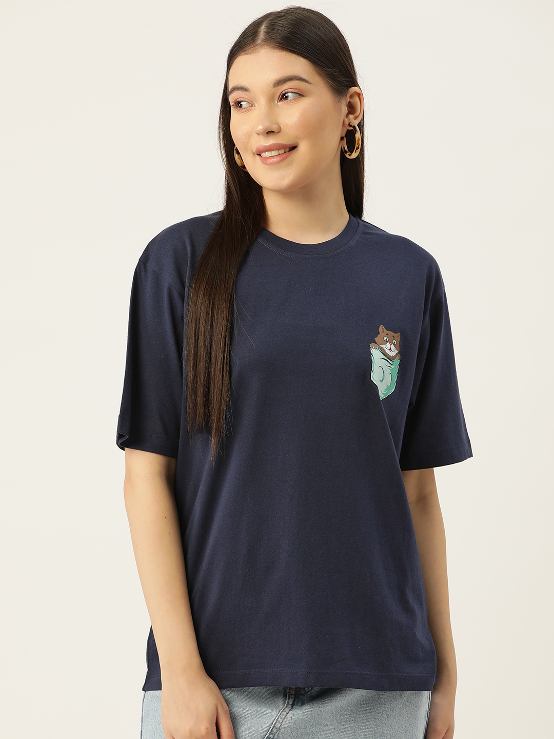 

Slenor Women Printed T-shirt, Navy blue