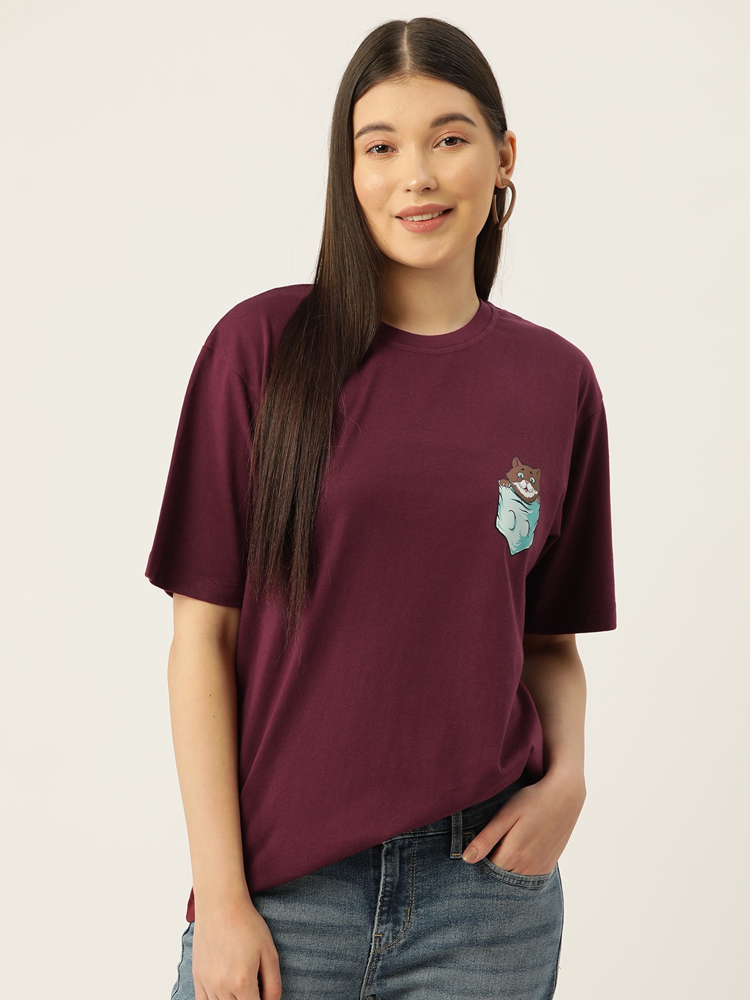 

Slenor Printed Drop-Shoulder Sleeves Longline T-shirt, Maroon