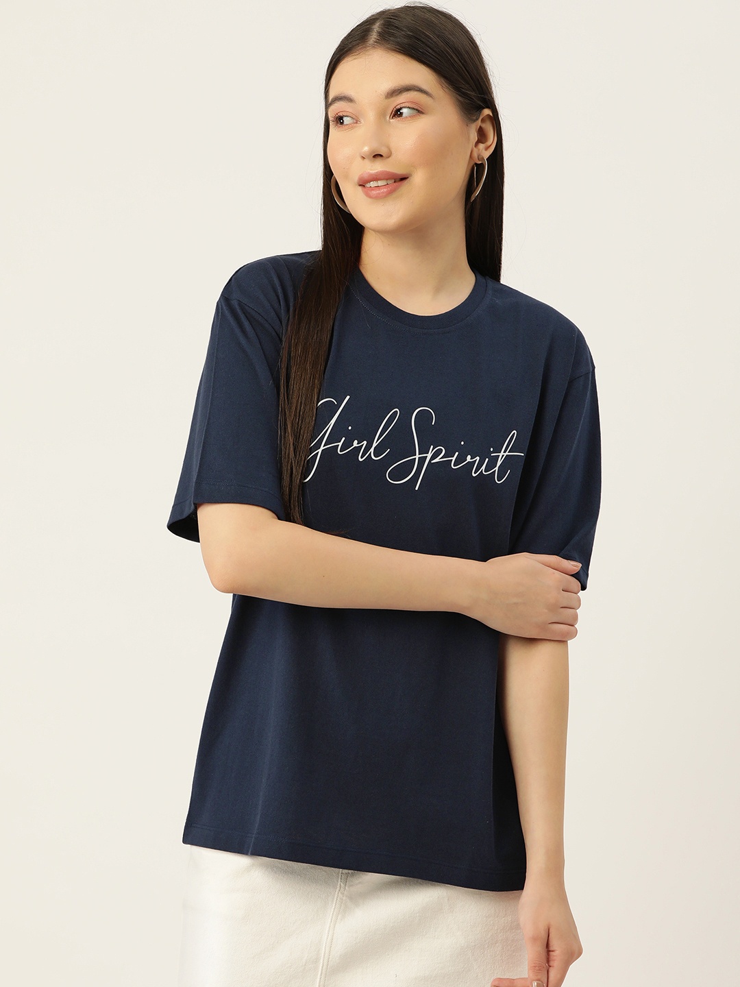 

Slenor Printed Drop-Shoulder Sleeves Longline T-shirt, Navy blue