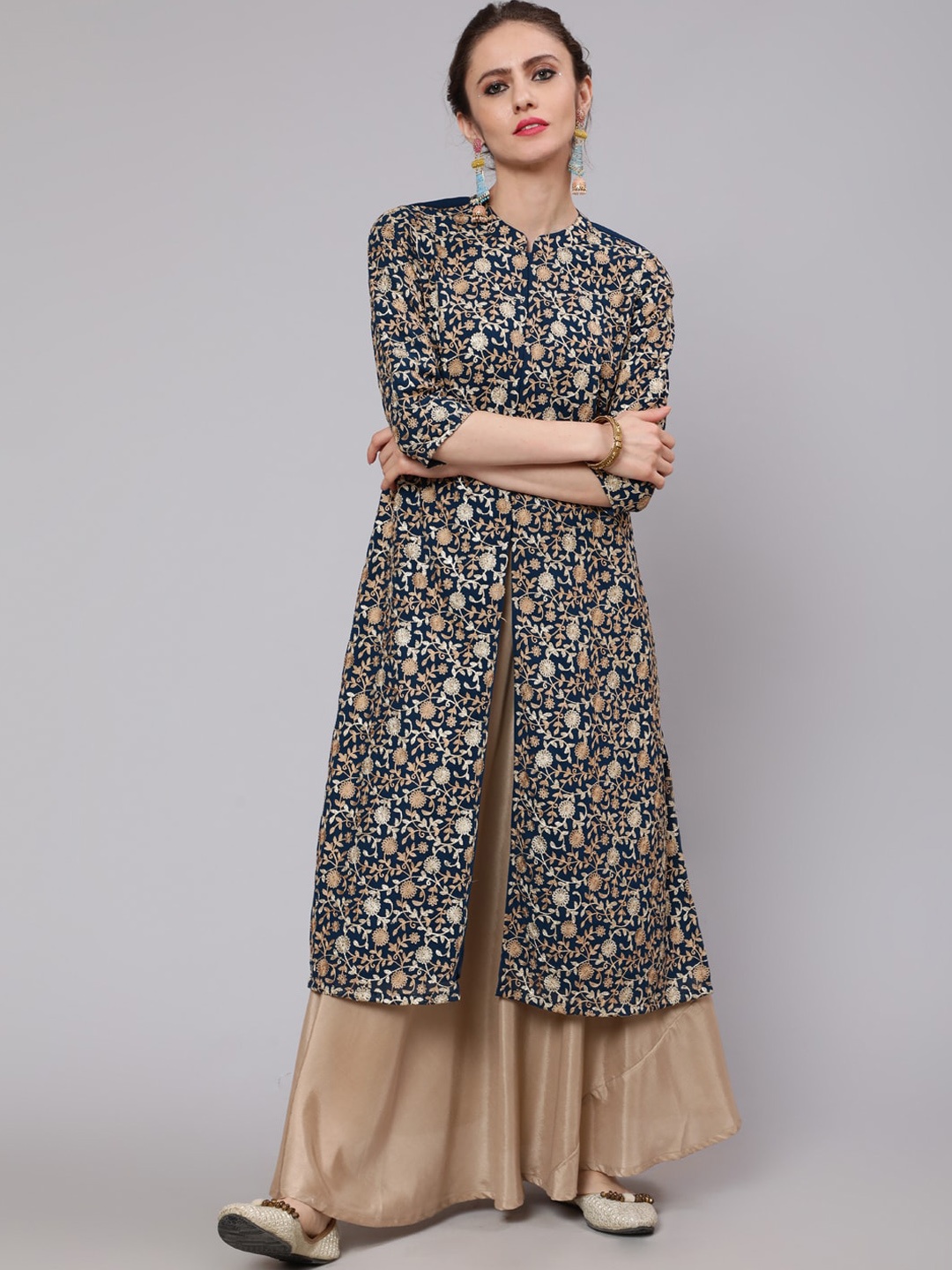 

AKS Couture Ethnic Embroidered Mandarin Collar Multiple Slits A-Line Georgette Kurta, Blue