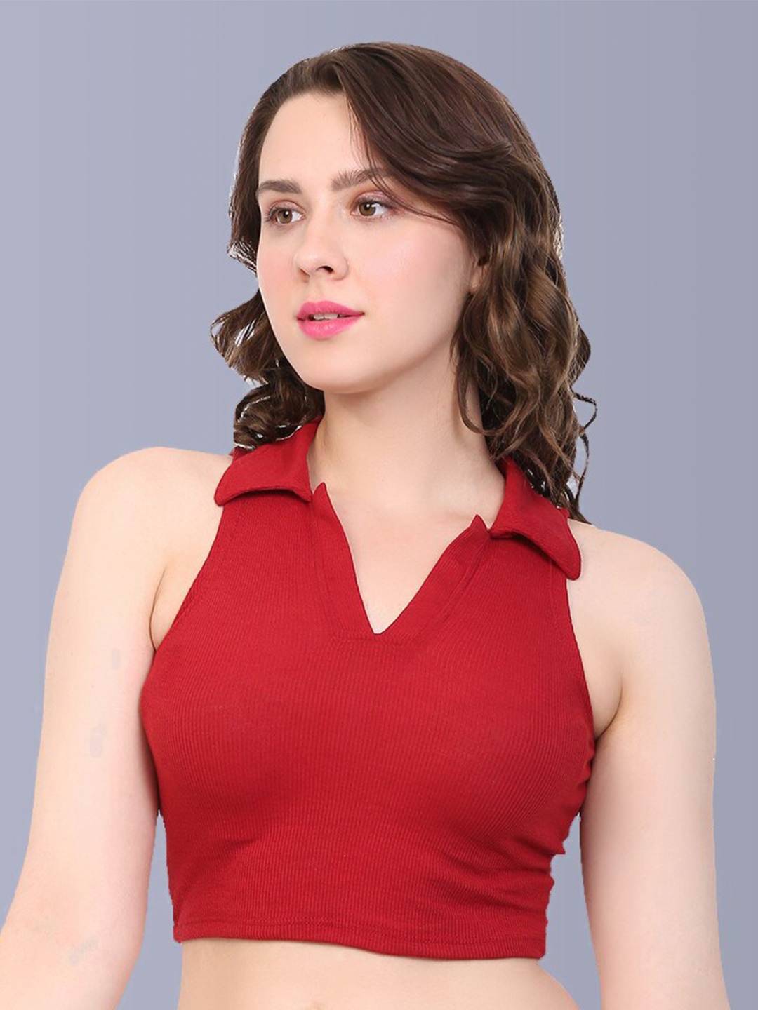 

Fasha Shirt Collar Fitted Crop Top, Maroon