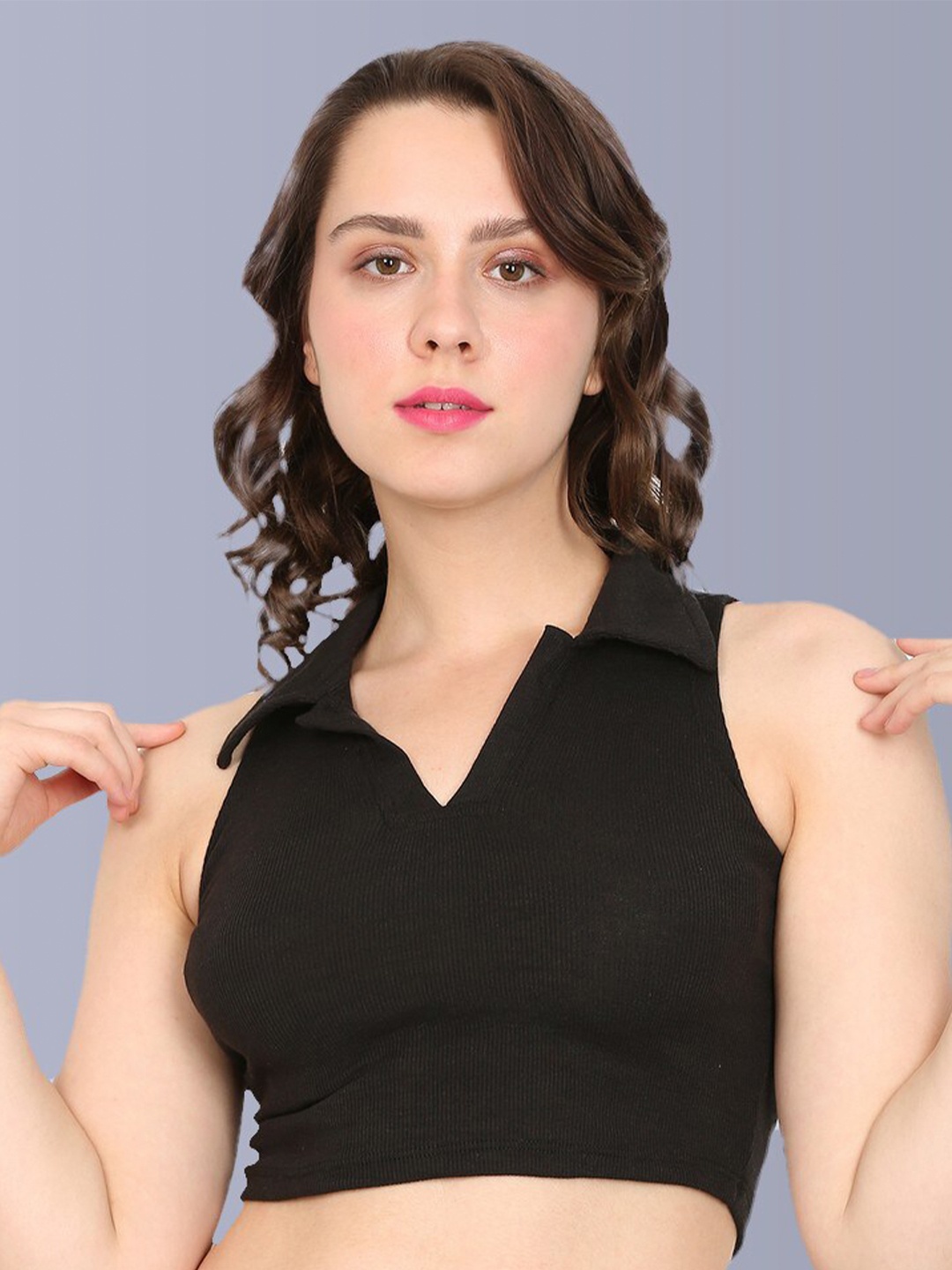 

Fasha Shirt Collar Fitted Crop Top, Black