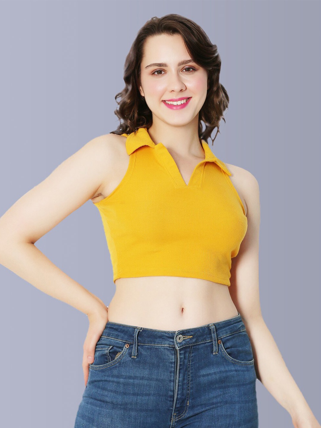 

Fasha Shirt Collar Fitted Crop Top, Yellow