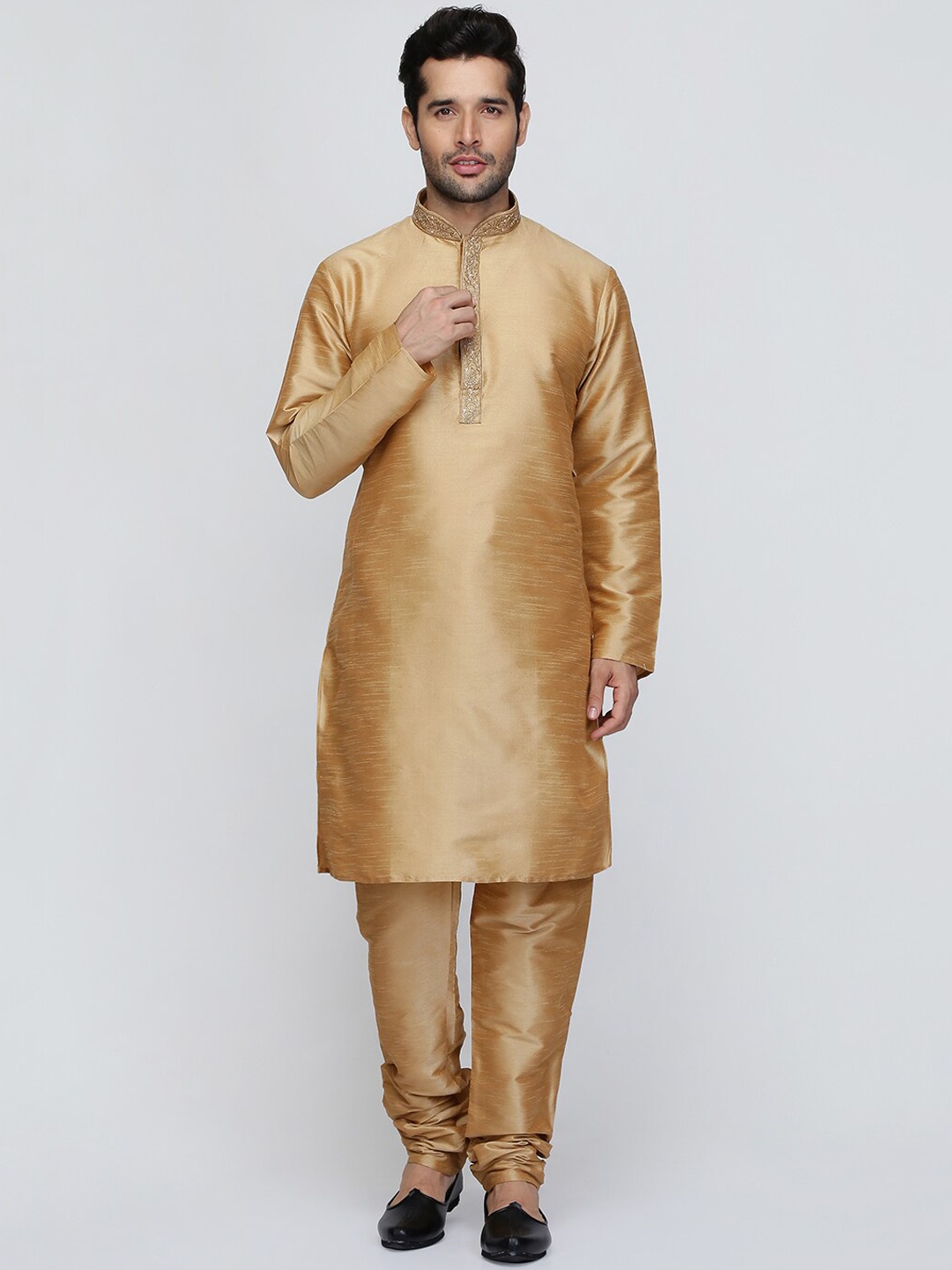 

ROYAL KURTA Ethnic Motifs Woven Design Mandarin Collar Dupion Silk Kurta With Churidar, Brown