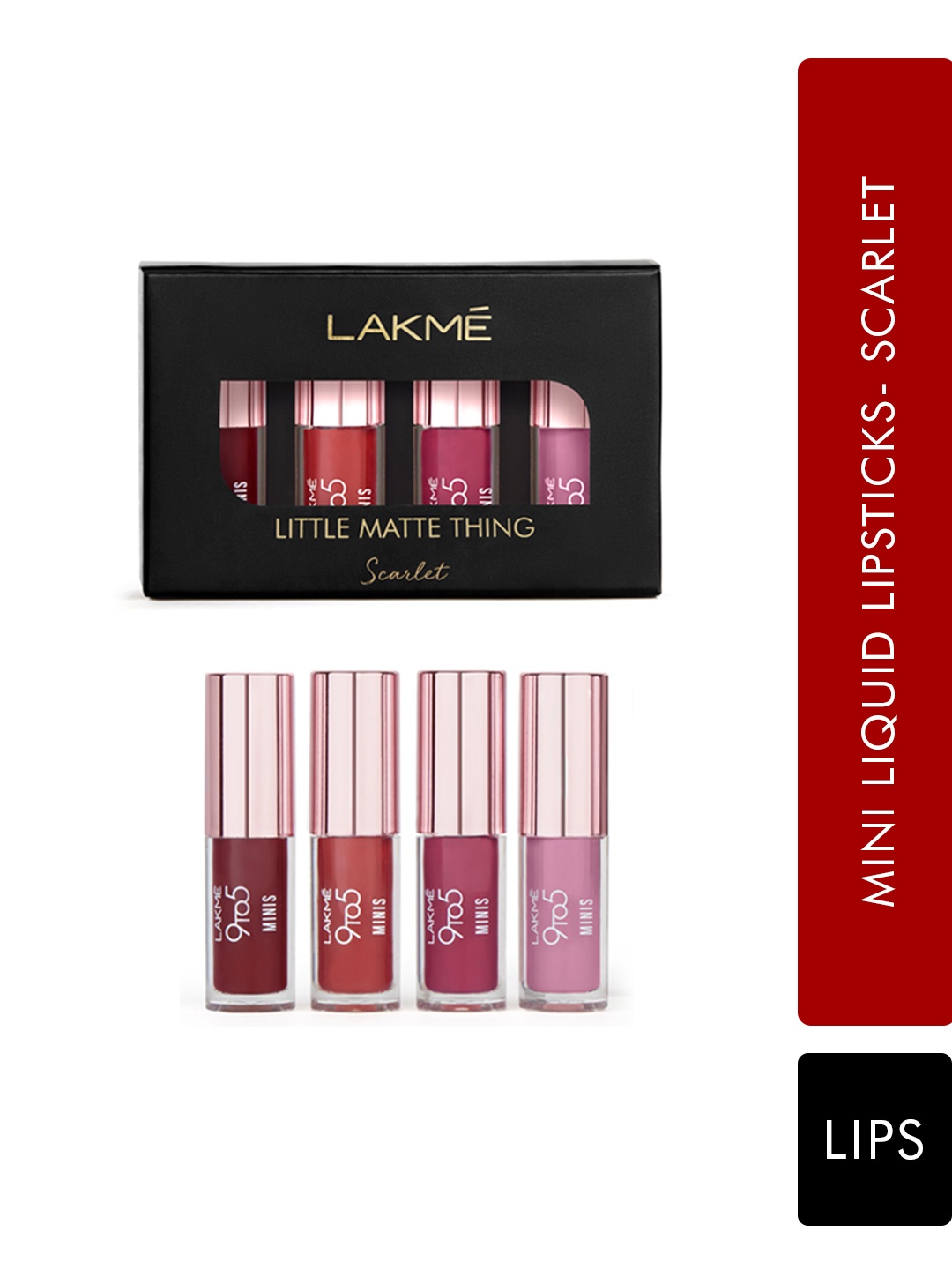 

Lakme 4 Pcs Little Matte Thing 9To5 Primer + Matte Mini Liquid Lipsticks 2ml Each- Scarlet, Red