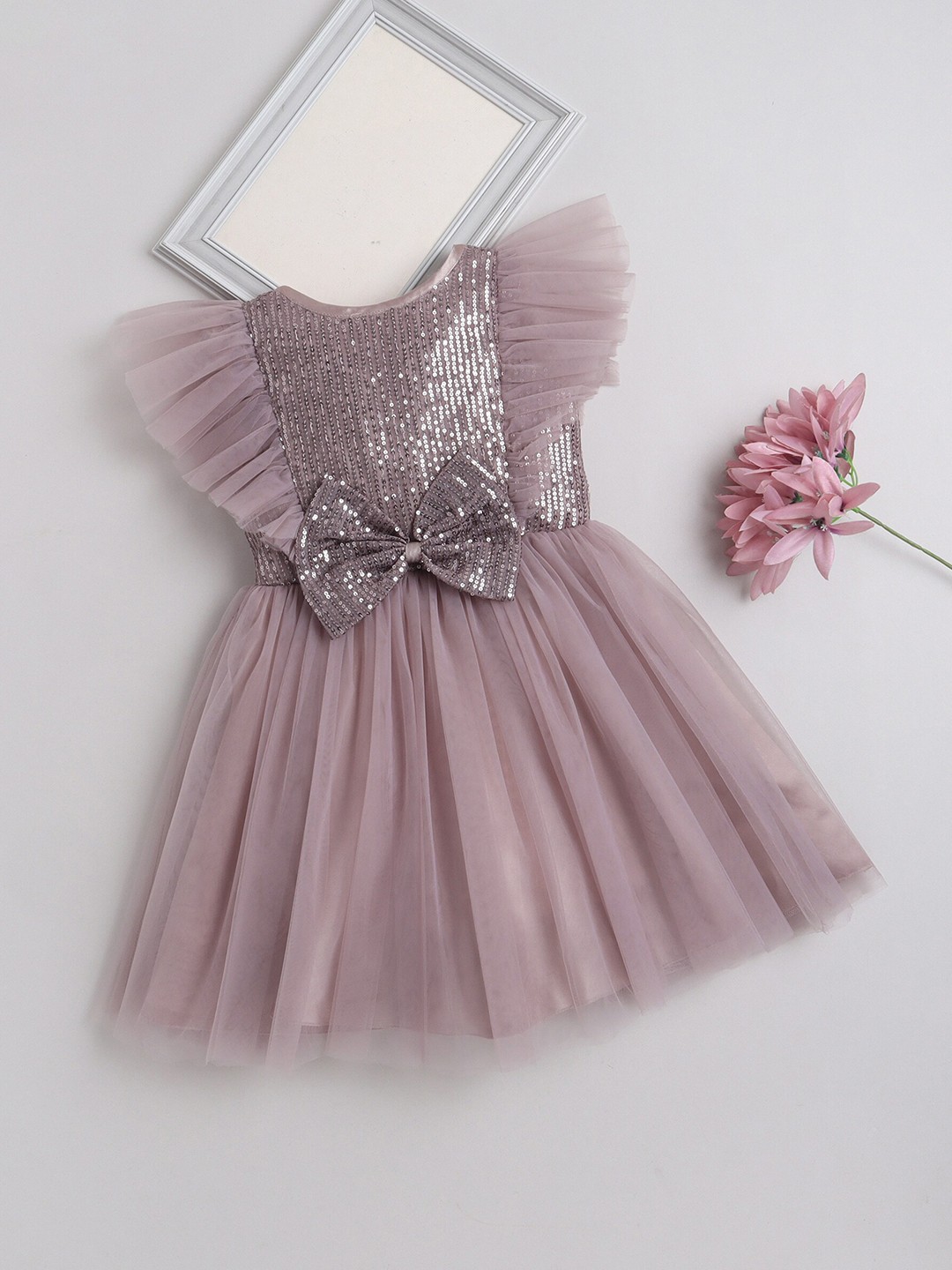 

The Magic Wand Girls Flutter Sleeves Sequined Fit & Flare Dress, Mauve