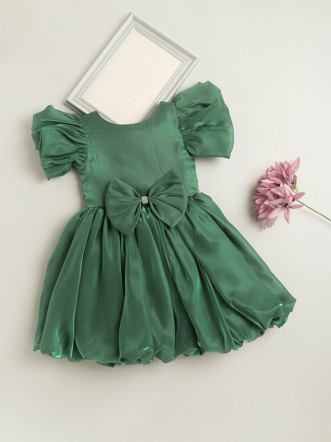 

The Magic Wand Girls Puff Sleeve Bow Detailed Fit & Flare Dress, Green