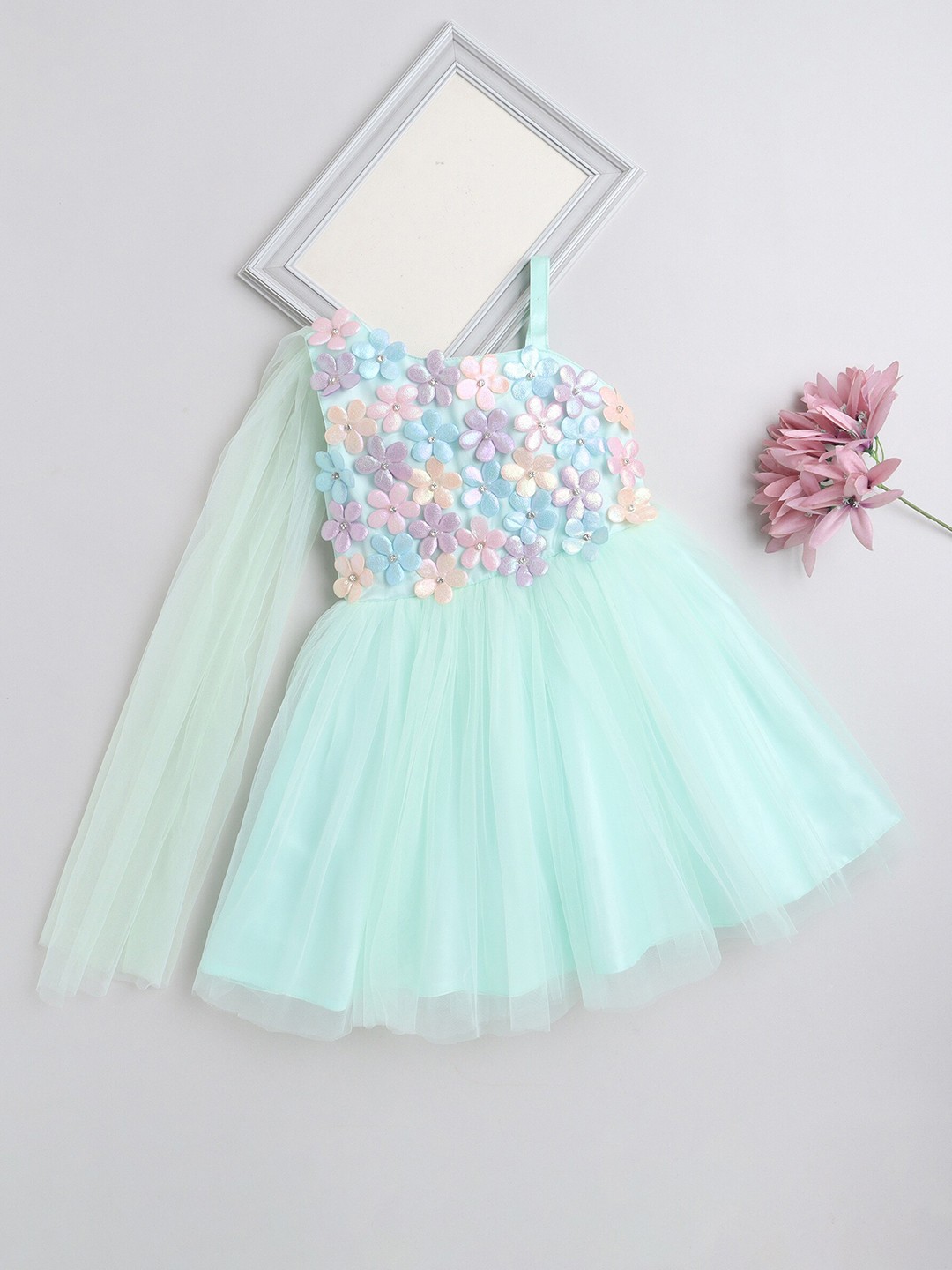 

The Magic Wand Girls One Shoulder Corsage Detailed Fit & Flare Dress, Green