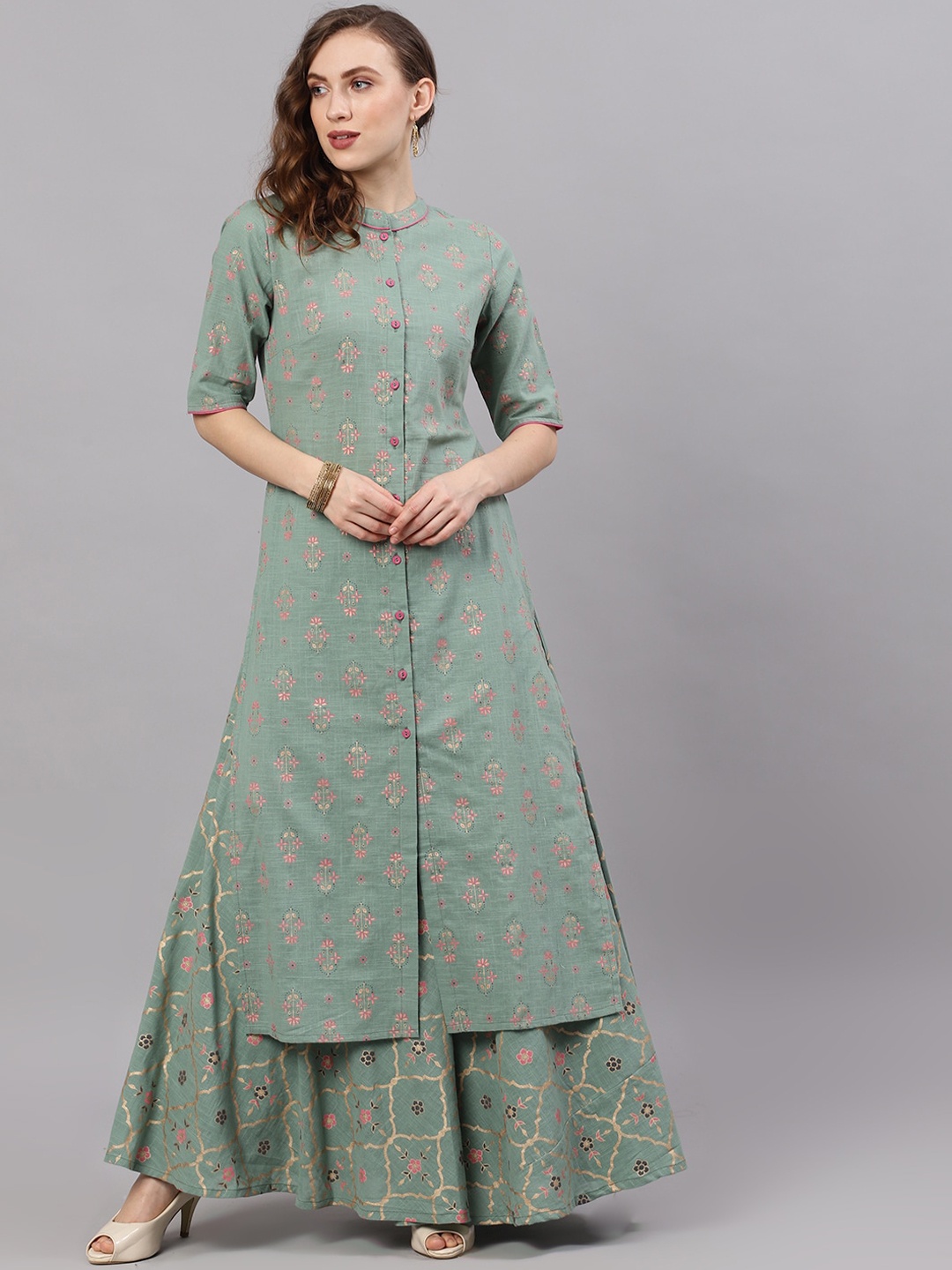 

AKS Ethnic Motifs Printed Pure Cotton A Line Kurta, Green