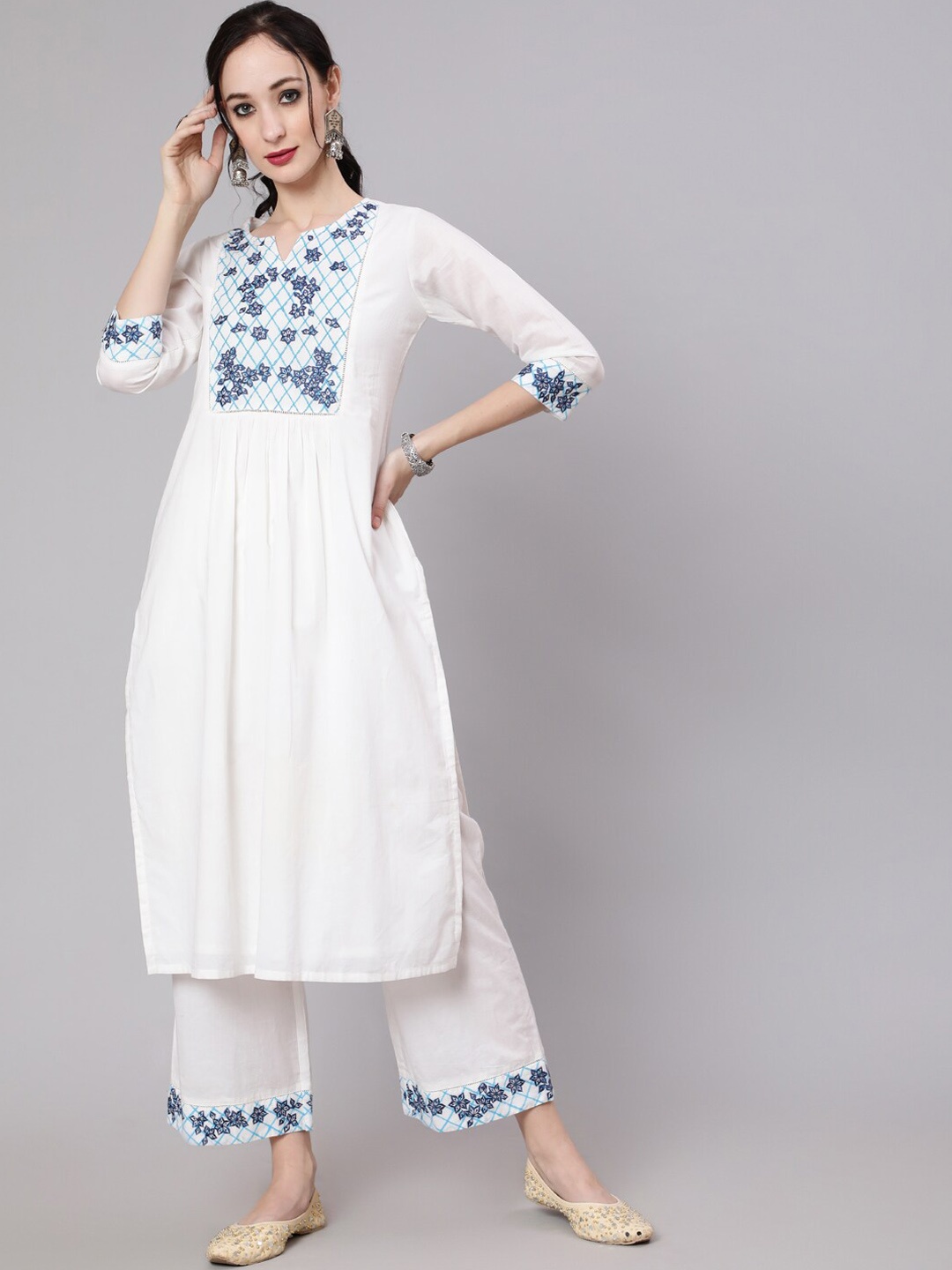 

AKS Floral Embroidered Straight Kurta With Palazzos, White