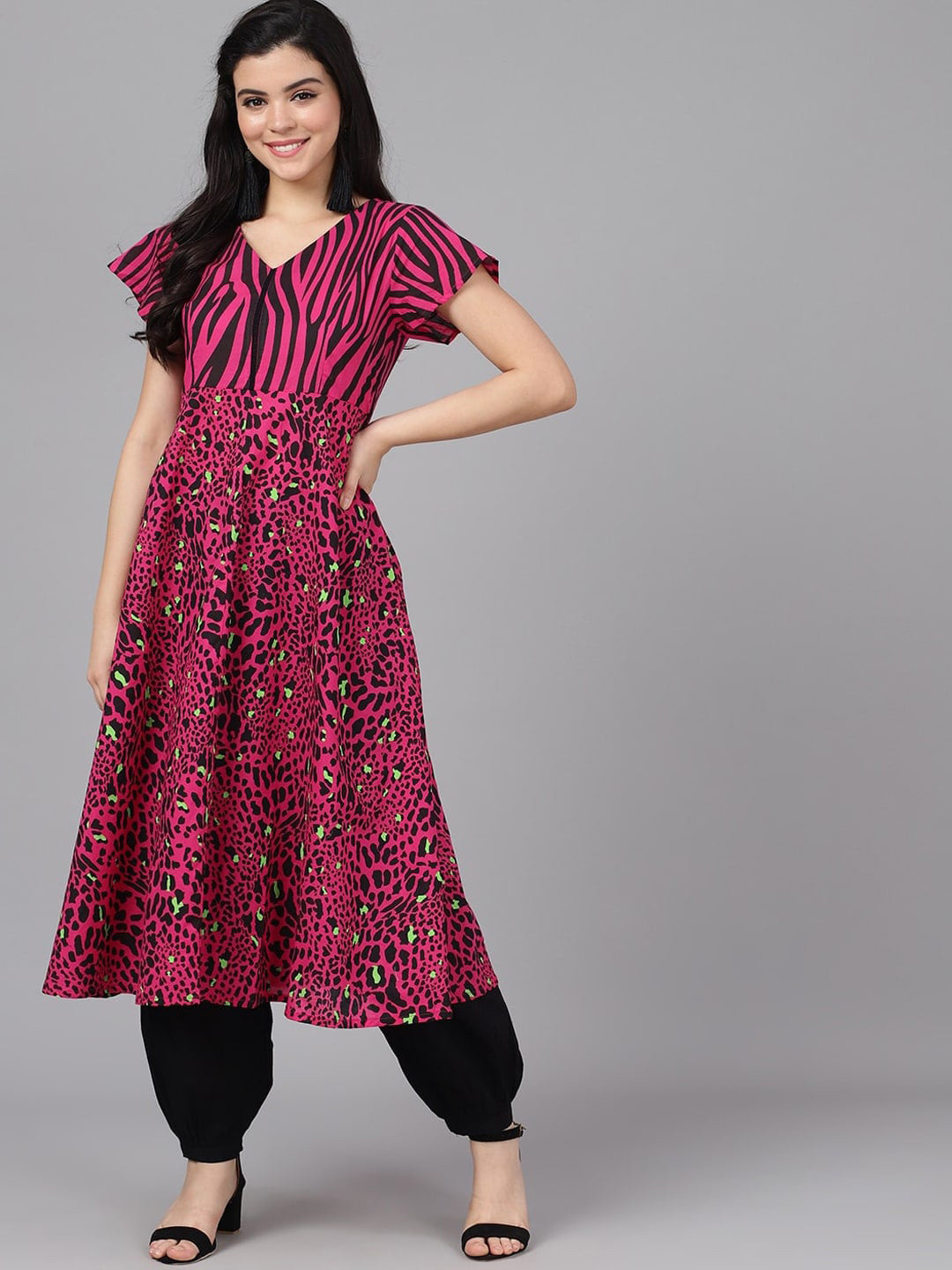 

AKS Animal Printed Anarkali Kurta, Pink