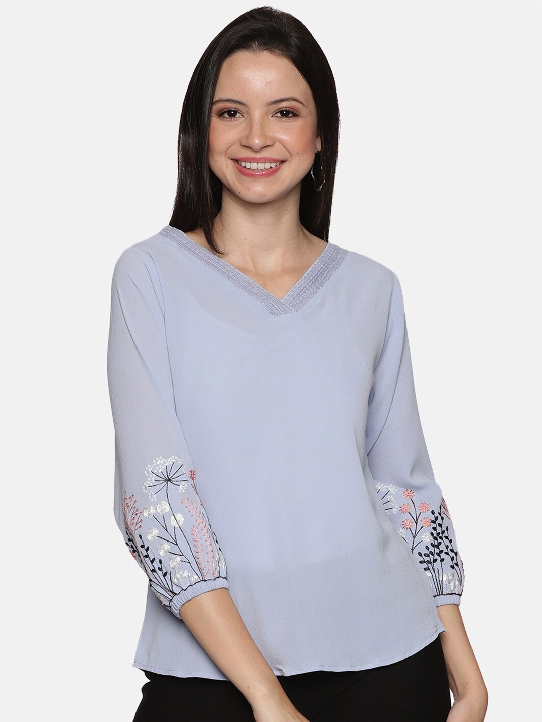 

GLORY & I Embroidered Puff Sleeve Georgette Top, Blue