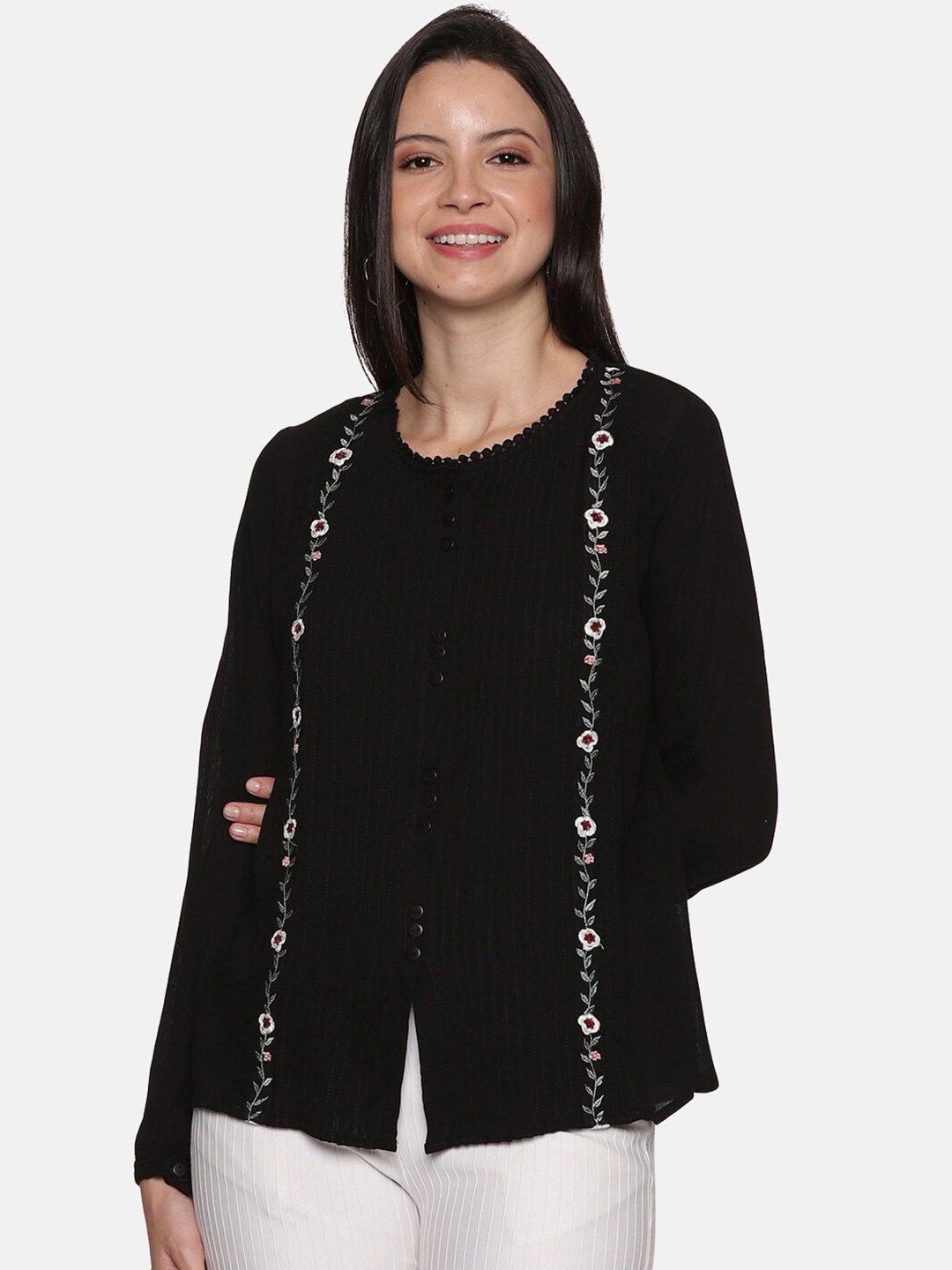 

GLORY & I Floral Embroidered Cotton Puff Sleeve Top, Black